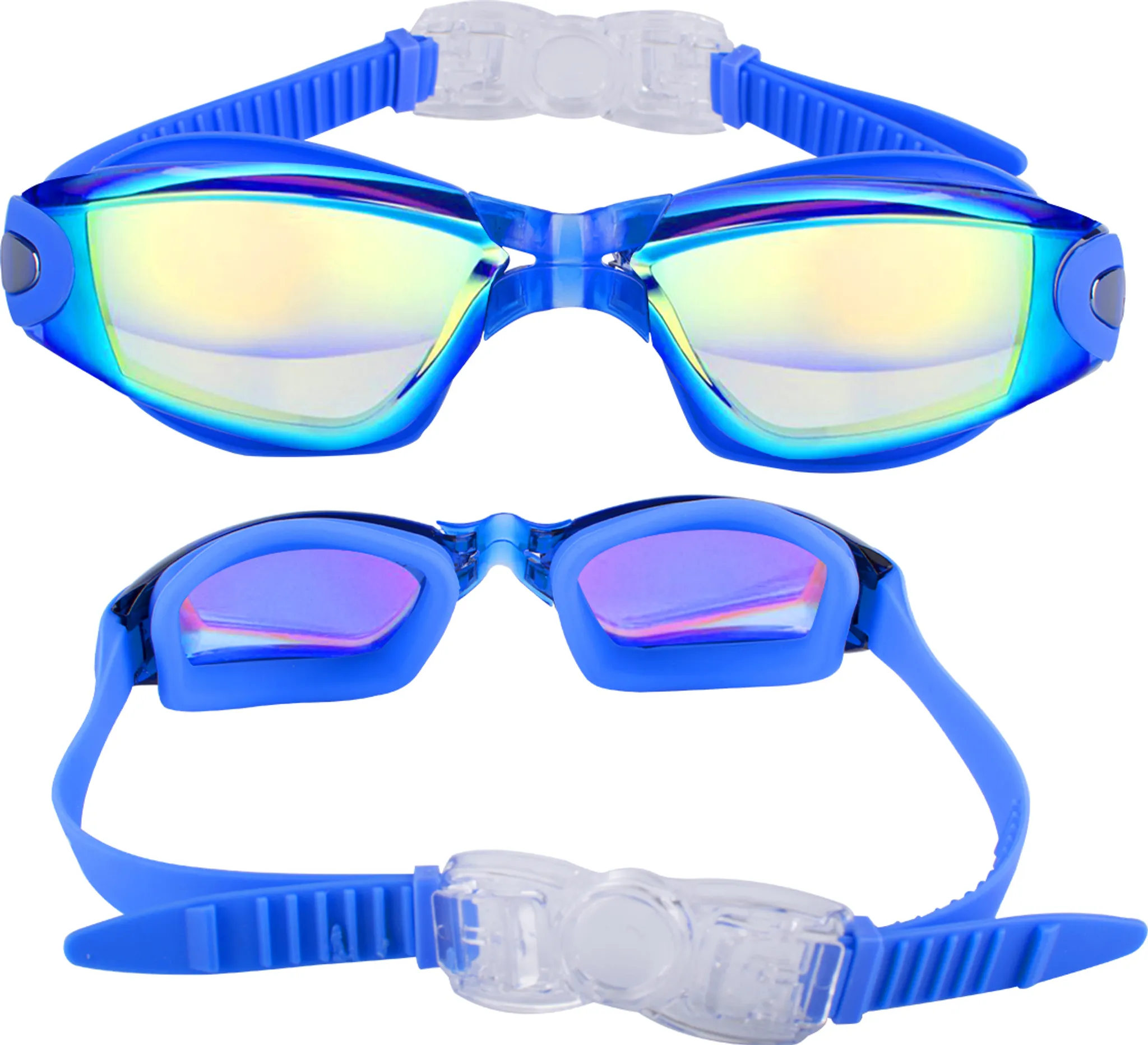 Blaue Schwimmbrille mit verspiegelten Gläsern und verstellbarem Riemen.