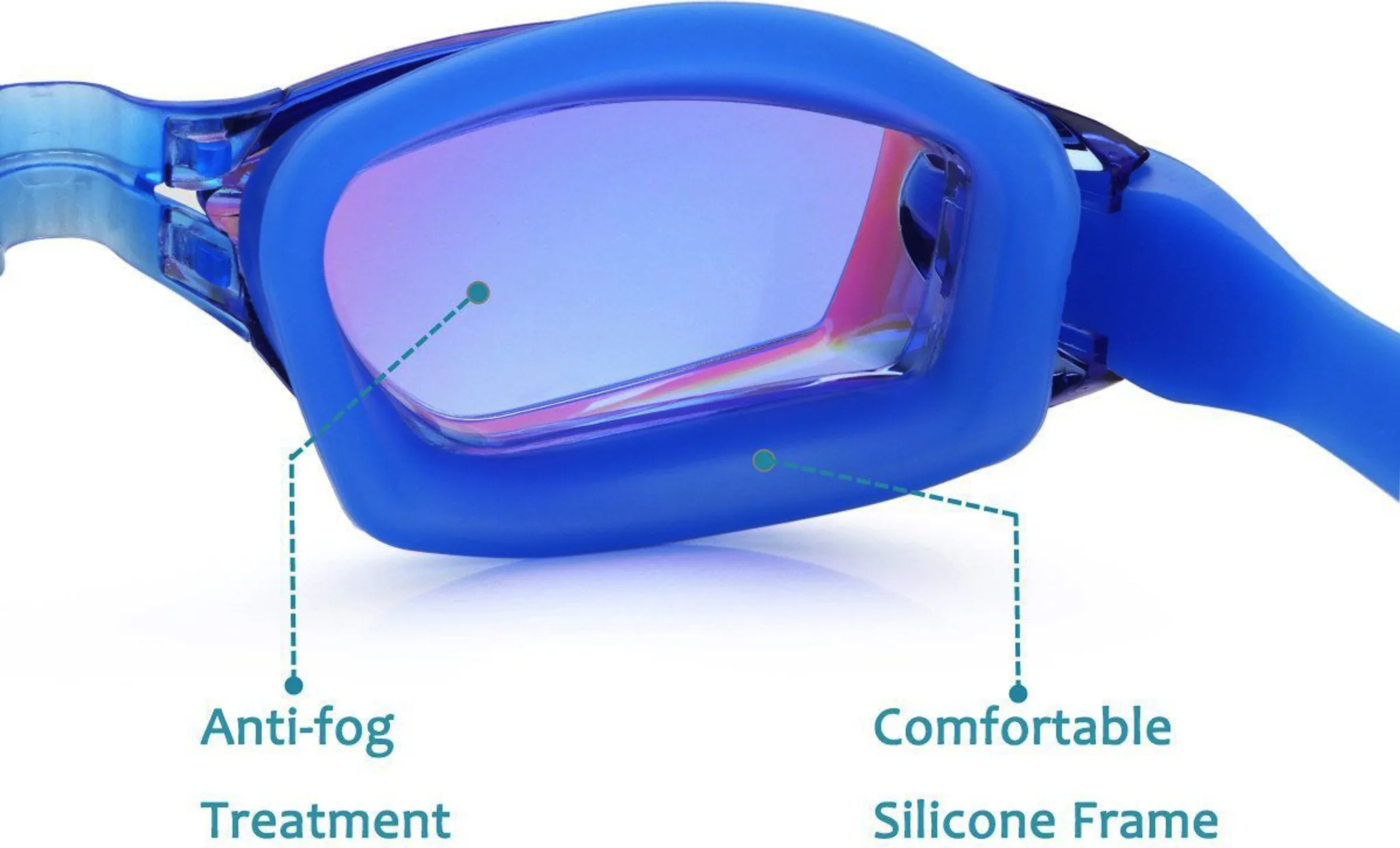 Blaue Schwimmbrille mit Anti-Beschlag-Behandlung und bequemem Silikonrahmen.