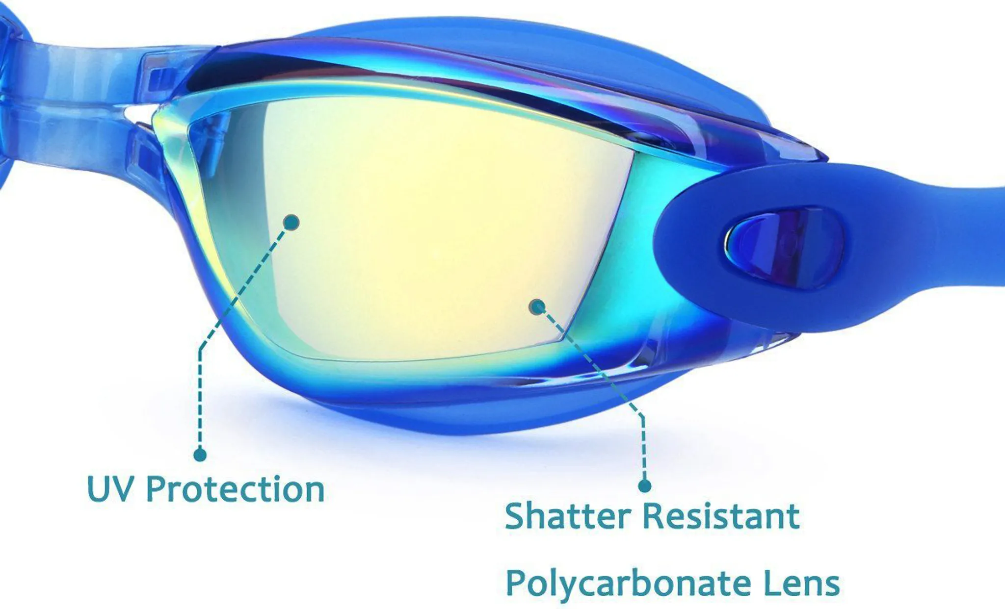 Blaue Schwimmbrille mit verspiegelten Gläsern und Hinweisen.