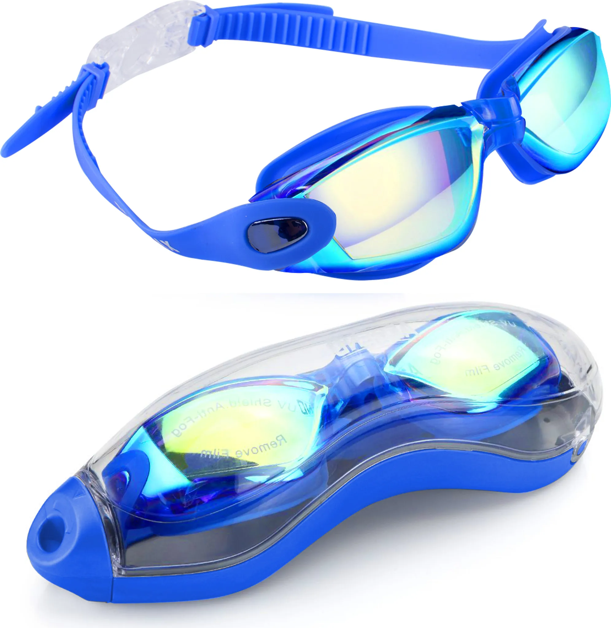 Blaue Schwimmbrille mit verspiegelten Gläsern und transparentem Koffer.