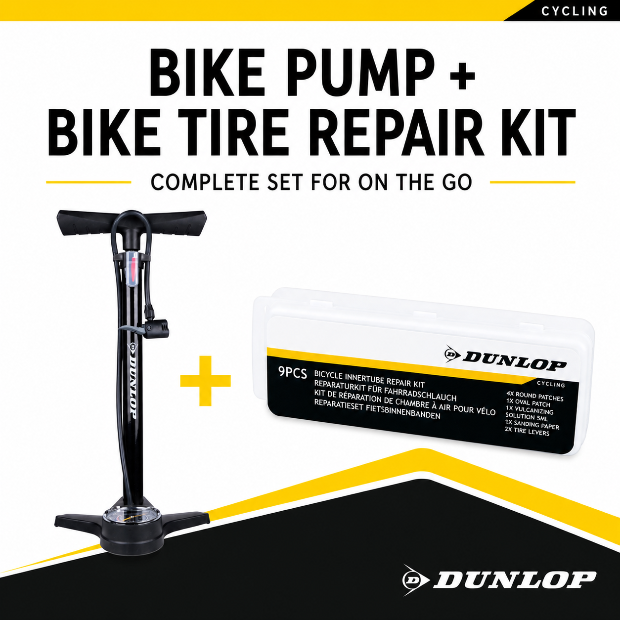 Black bike pump and a Dunlop bike inner tube repair kit.