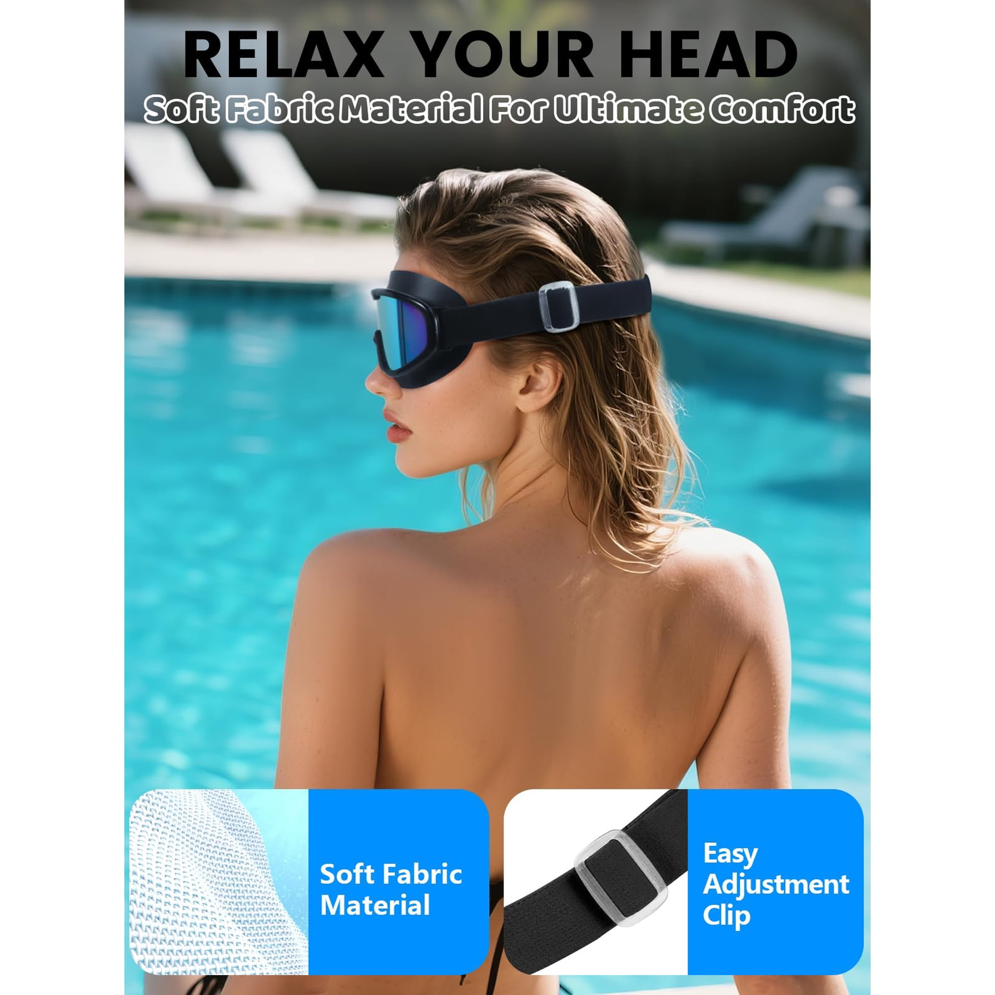 Frau mit Schwimmbrille am Pool, weiches Material, einfacher Verstellclip.