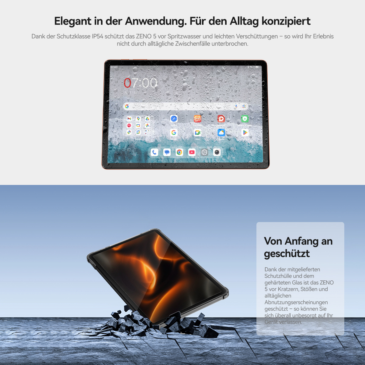 Ein Tablet mit Wasserspritzern, das auf zerbrochenem Boden liegt. Ein weiteres Tablet zeigt die Uhrzeit.