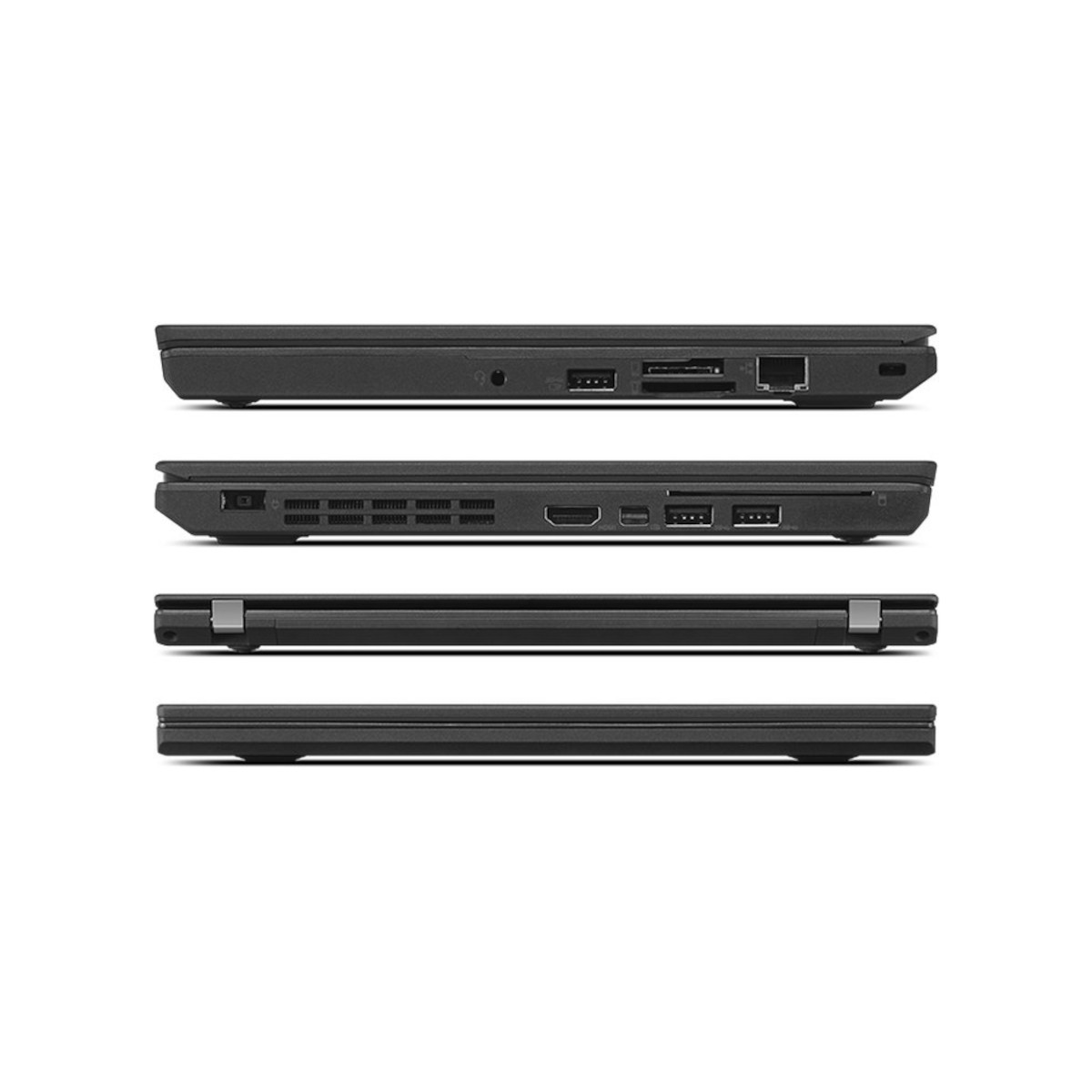 Seitenansicht eines schwarzen Laptops mit Anschlüssen: USB, SD-Kartenleser, Ethernet, HDMI.
