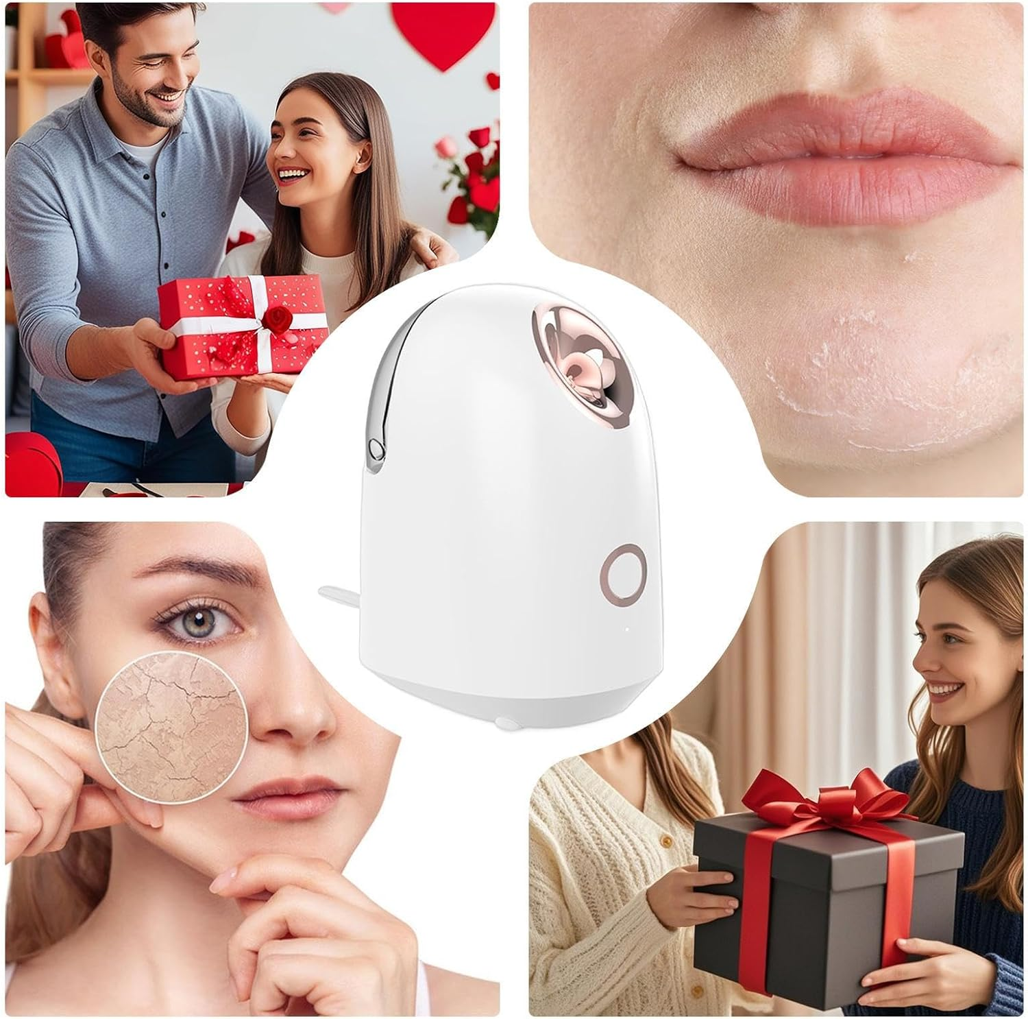 Ein Mann gibt einer Frau ein Geschenk. Hautpflege-Dampfer und trockene Haut werden gezeigt.