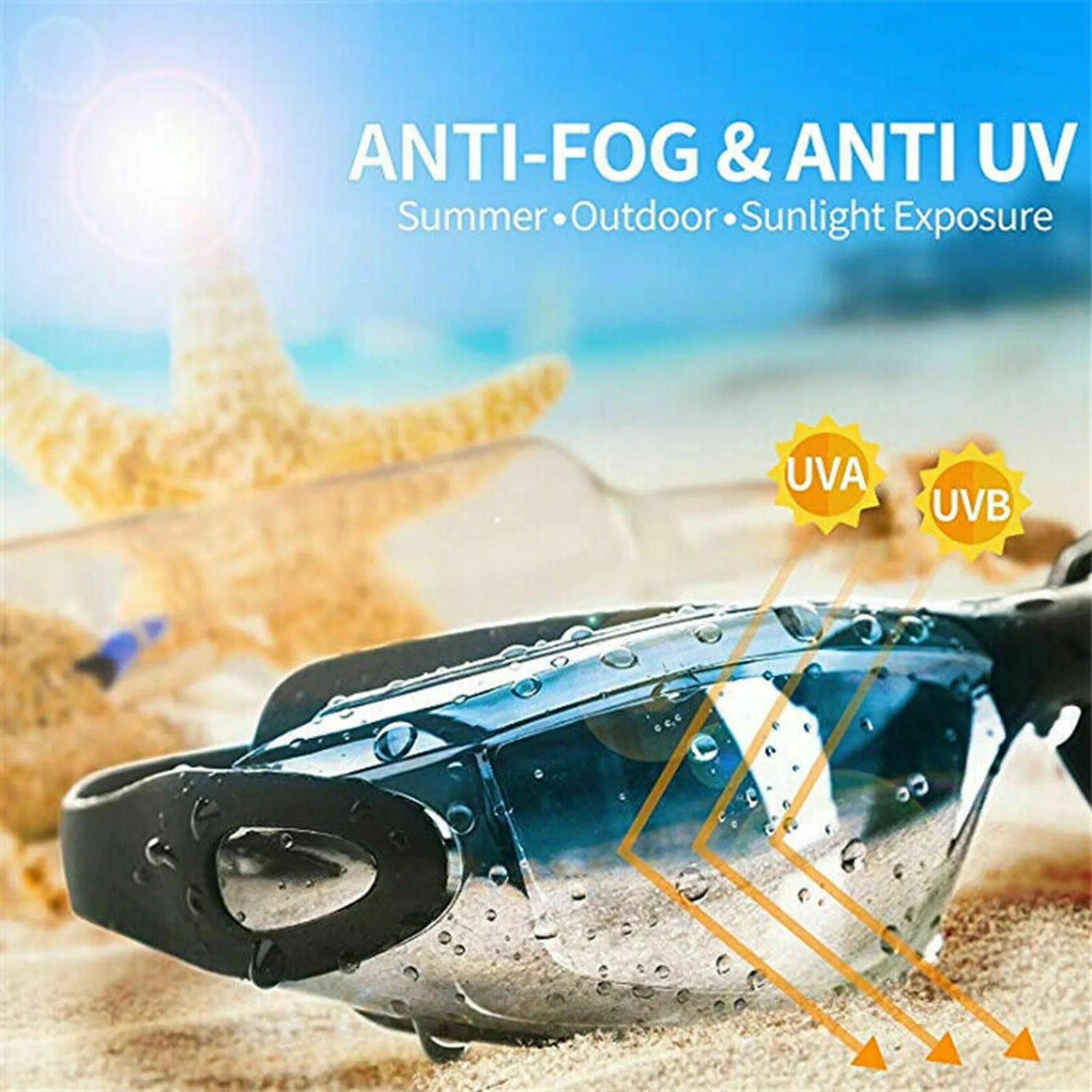 Schutzbrille am Sand mit Seestern und Sonne. Anti-Beschlag & UV-Schutz.