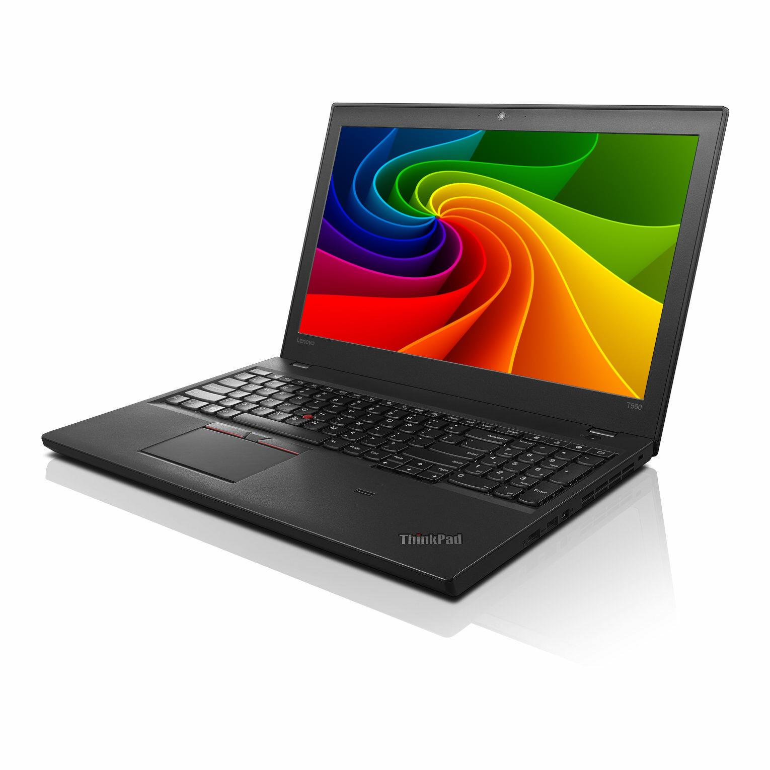 Ein schwarzer Lenovo ThinkPad Laptop mit buntem Hintergrund auf dem Bildschirm.
