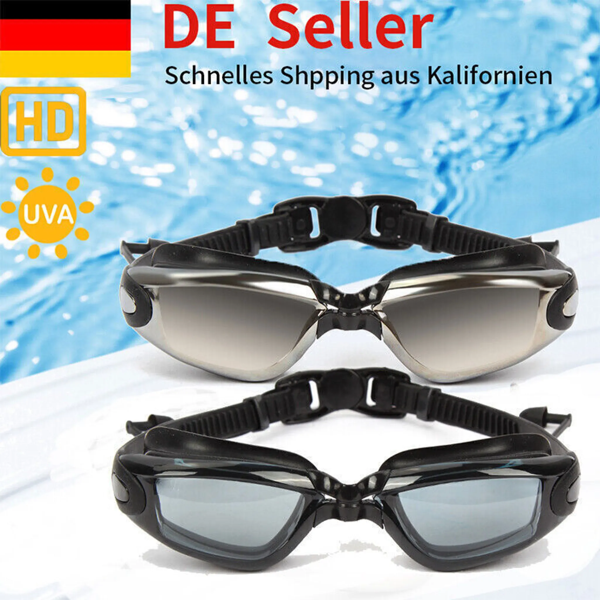 Zwei Schwimmbrillen mit schwarzen Bändern und spiegelnden Gläsern auf blauem Wasserhintergrund.