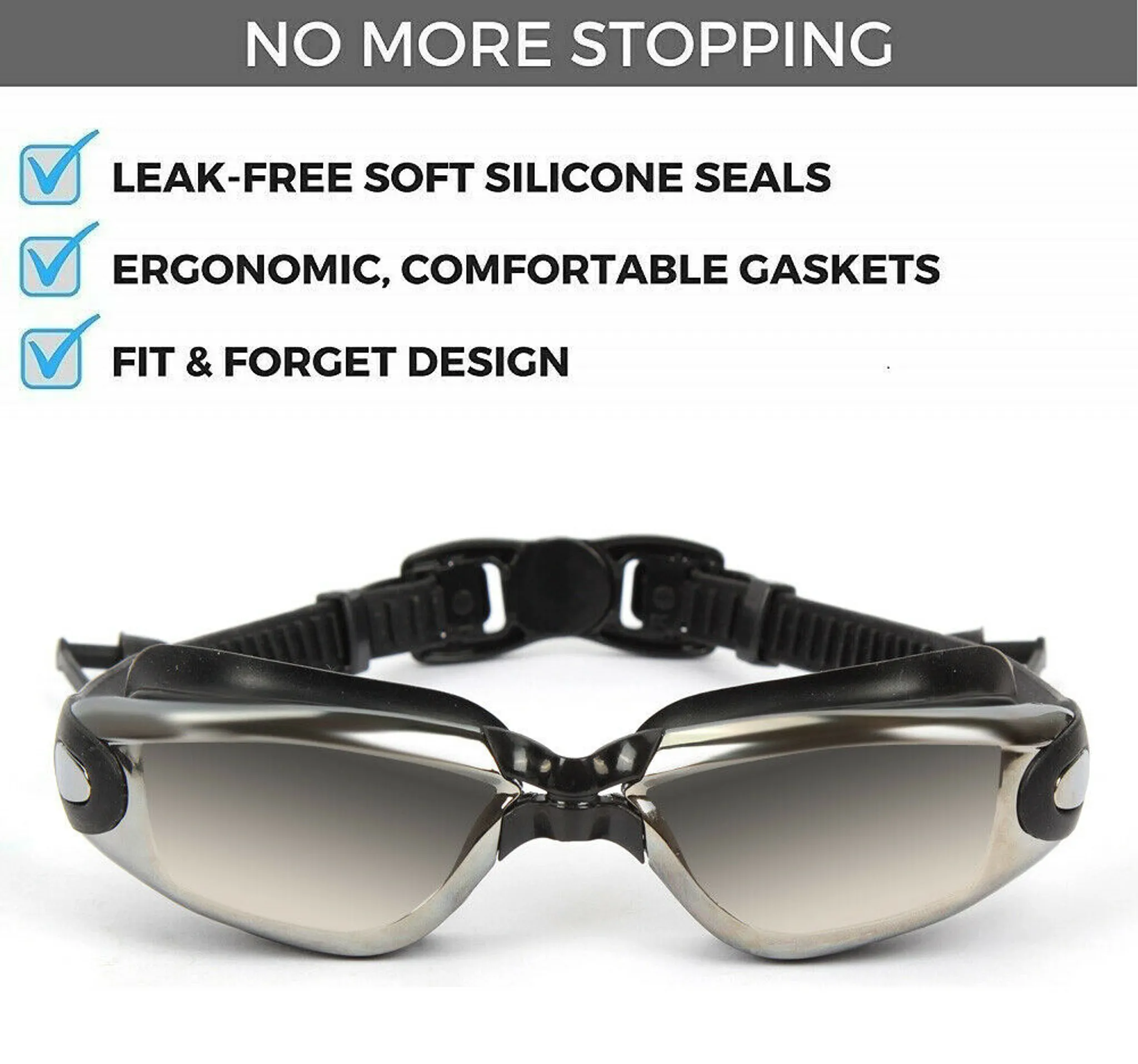 Silberne Schwimmbrille mit schwarzem Band und Silikondichtungen.
