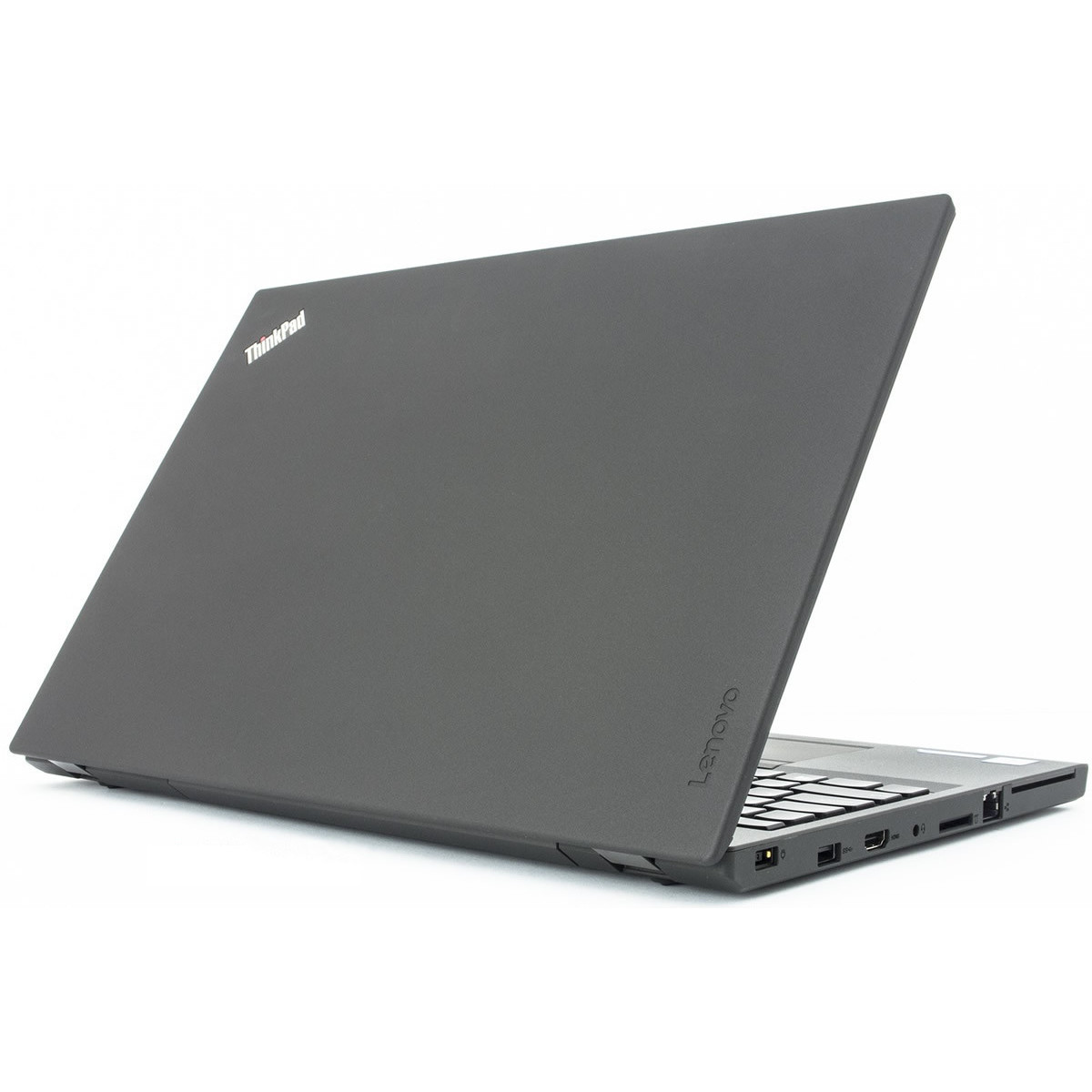 Dunkelgraues Lenovo ThinkPad Laptop, Rueckseite mit Tastatur und Anschluesse sichtbar.