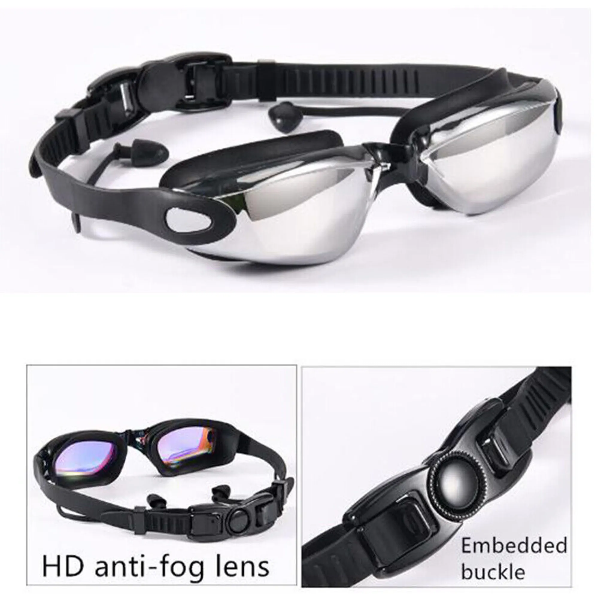 Schwarze Schwimmbrille mit verspiegelten Gläsern und verstellbarem Band. Nahaufnahmen zeigen HD-Antibeschlag-Linse und Schnalle.