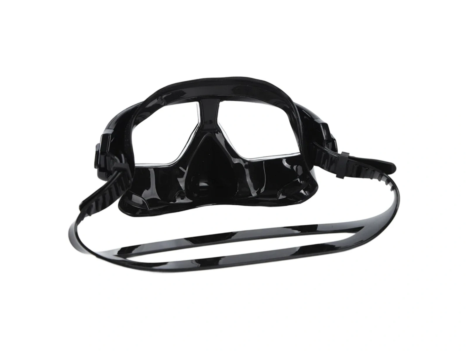 Schwarze Tauchmaske mit klarem Fenster und Riemen, auf weißem Hintergrund.