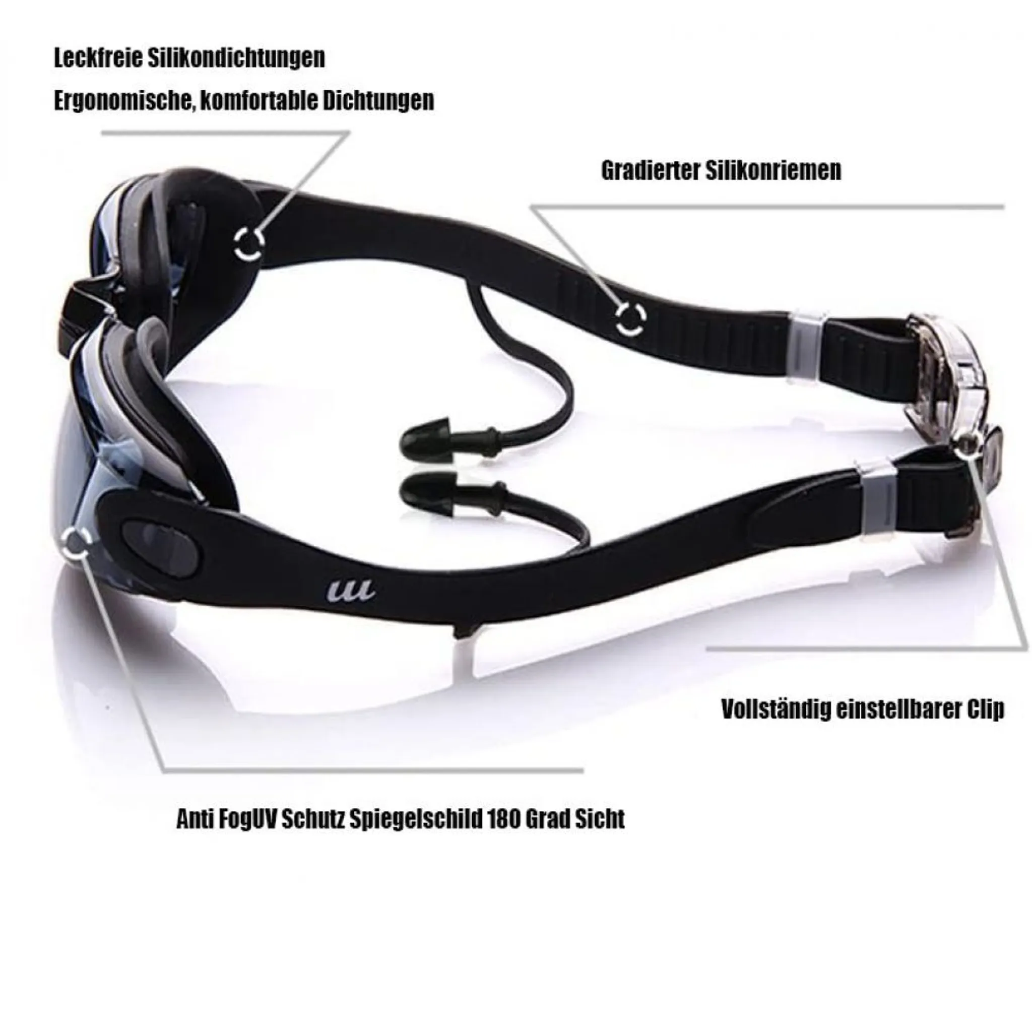 Schwarze Schwimmbrille mit verstellbarem Band und Nasenstück.
