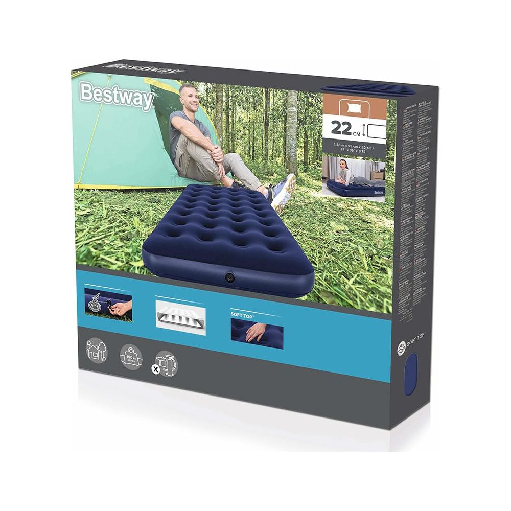 Bestway Luftmatratze im Karton mit Abbildungen von Mann, Zelt und Matratze.