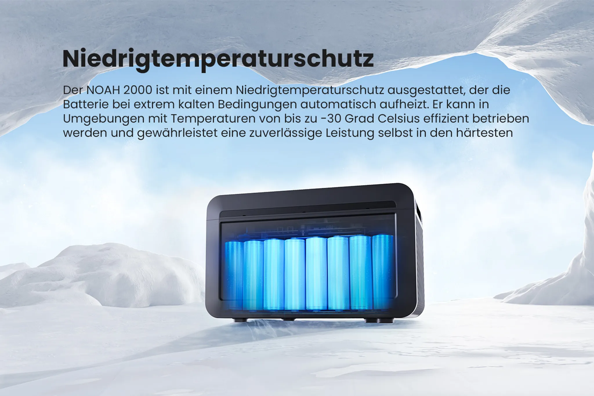 Ein Gerät mit blauen Batterien in eisiger Landschaft mit Text.