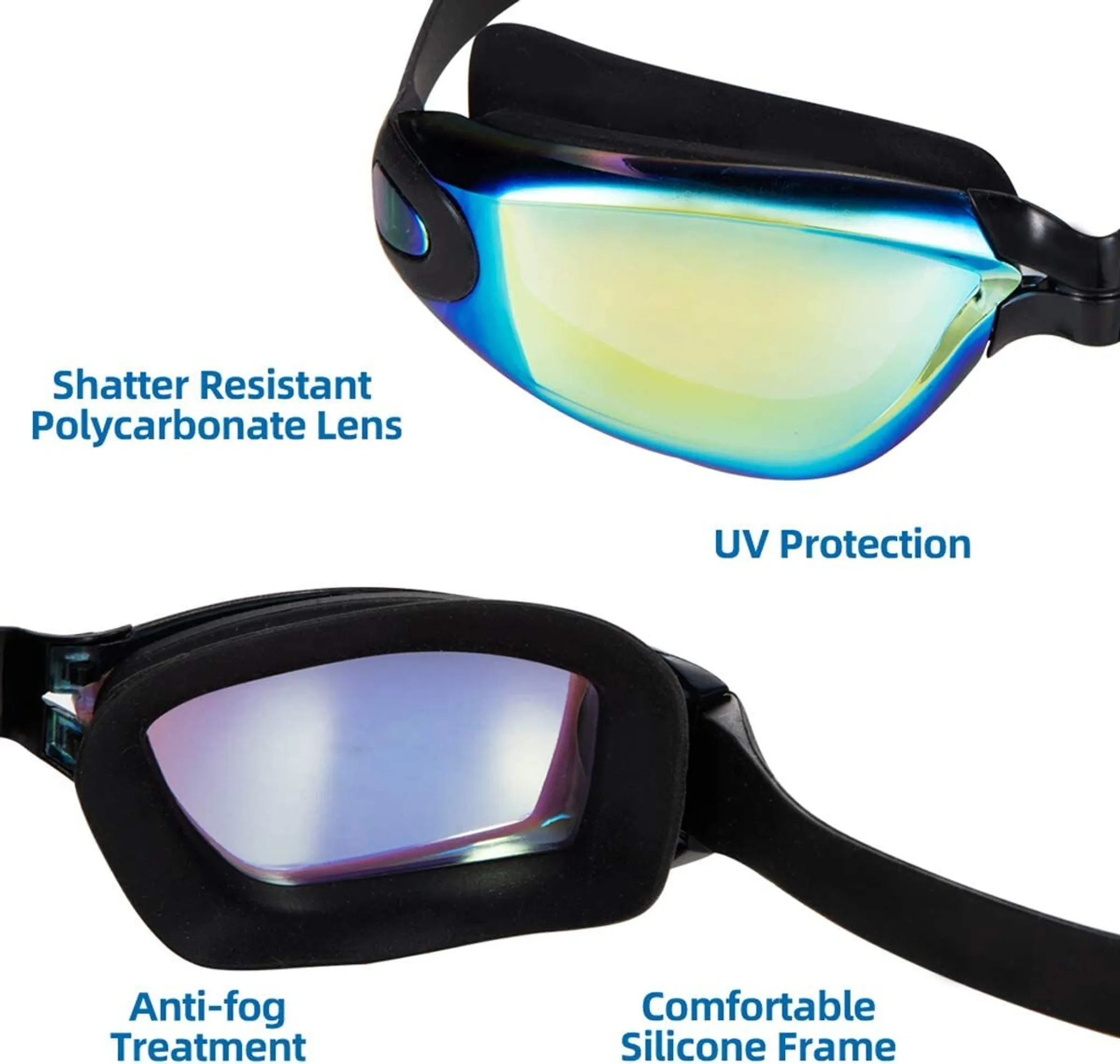 Schwarze Schwimmbrille mit beschichteten Gläsern und Gummiband.