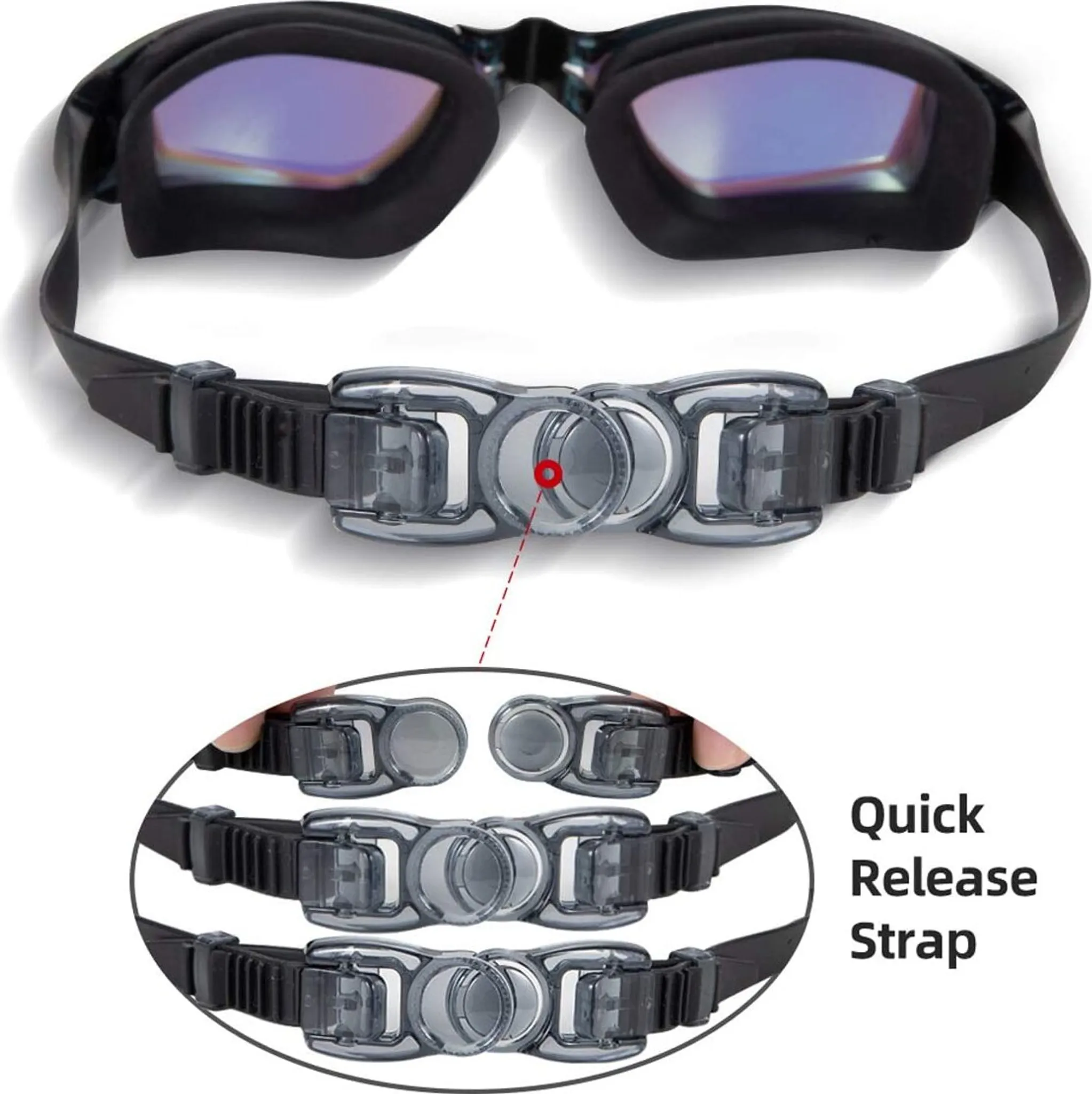 Schwimmbrille mit schwarzem Band und einem Schnellverschluss-Mechanismus.