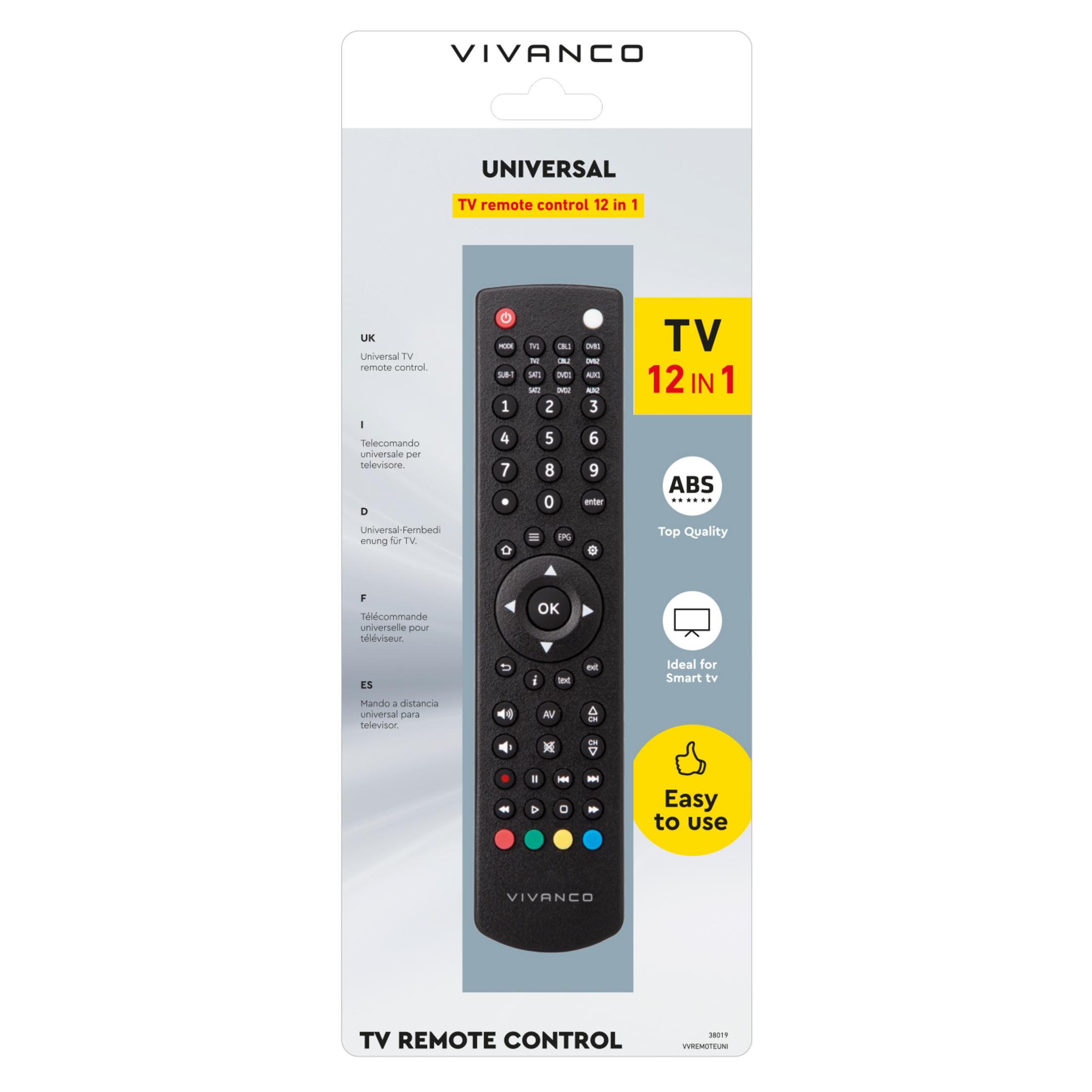 Telecomando TV universale nero con pulsanti e logo.