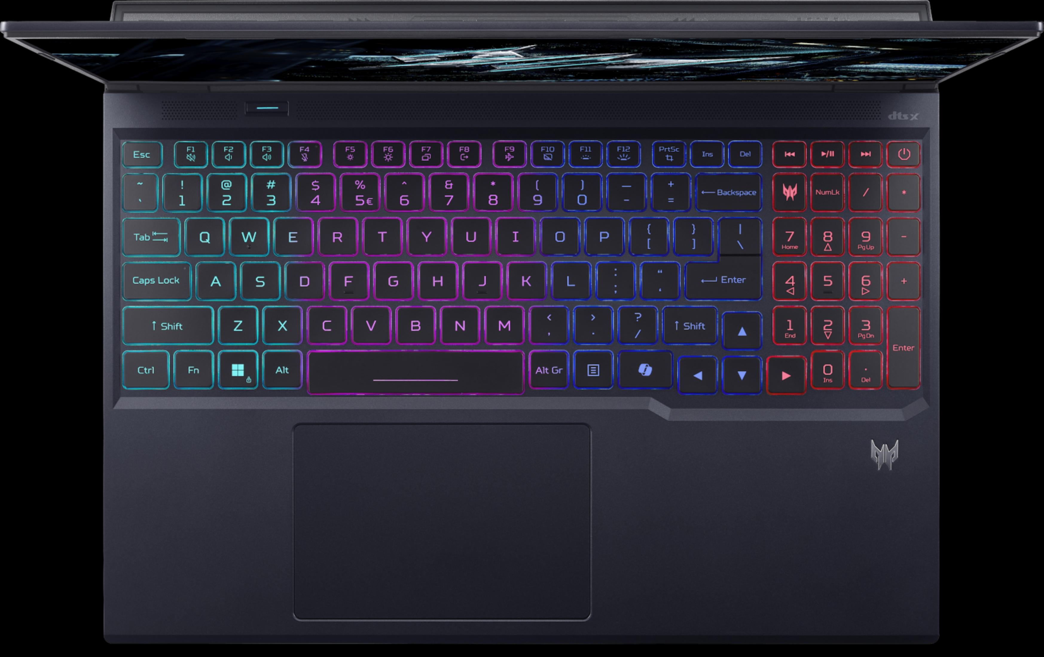 An open laptop with a blue and purple backlit keyboard.
