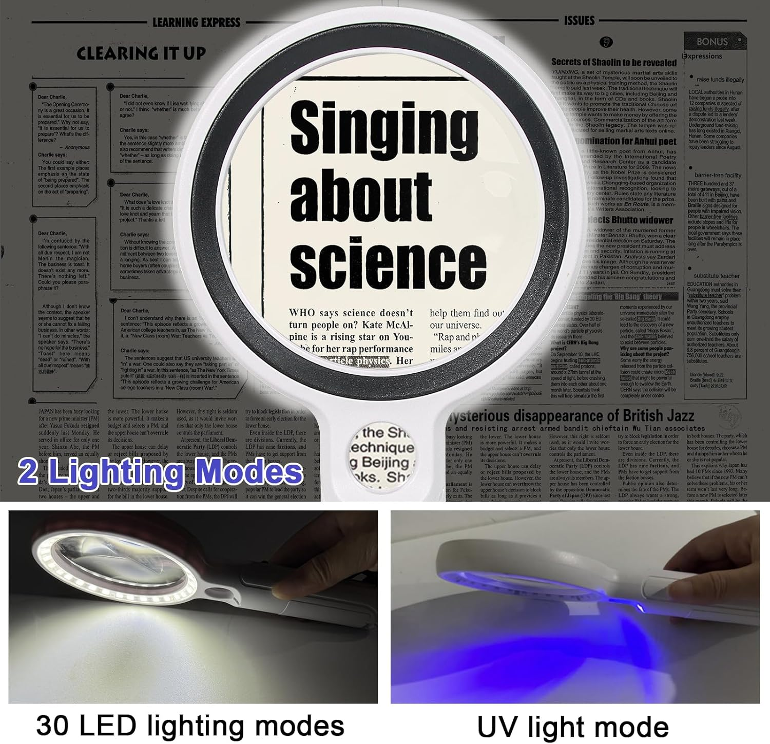 Lupe über Zeitungsartikel „Singing about science“. Unten zwei Lupen: eine beleuchtet, eine mit UV-Licht.
