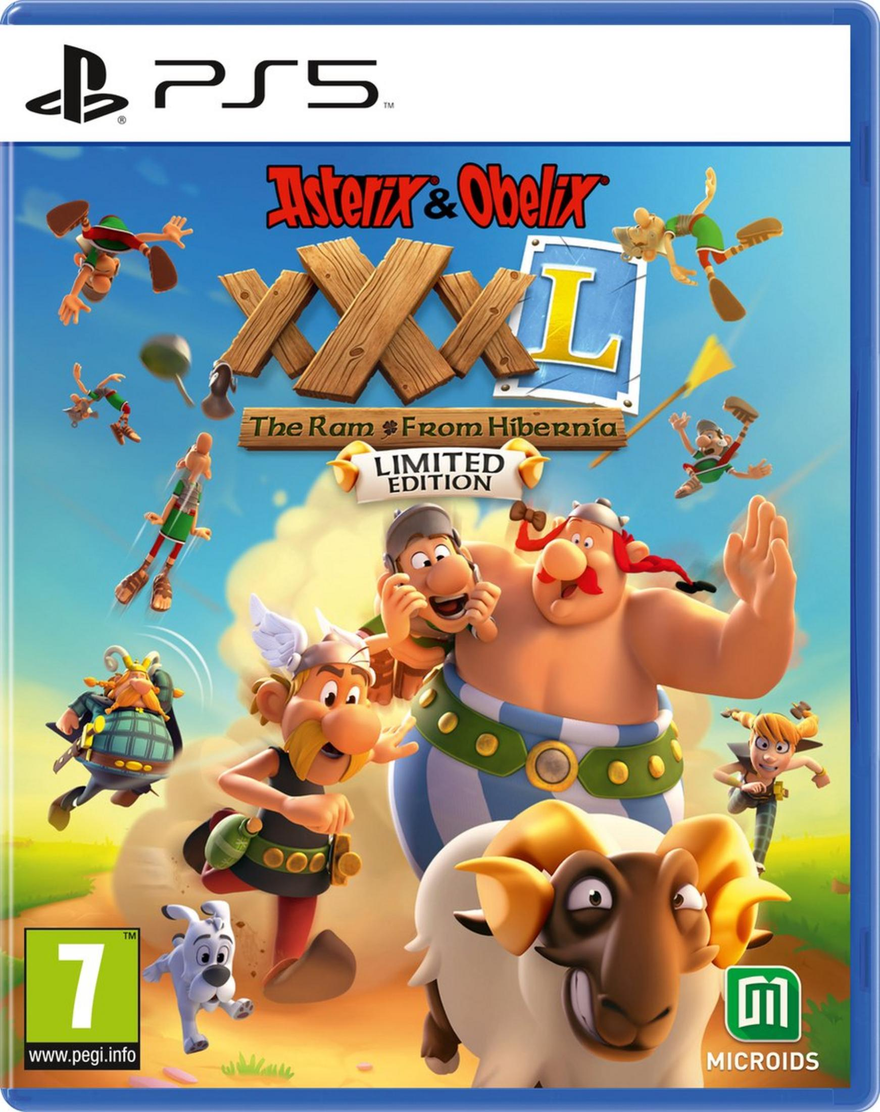Asterix & Obelix: Okładka przedstawia postaci, owcę i logo PS5.