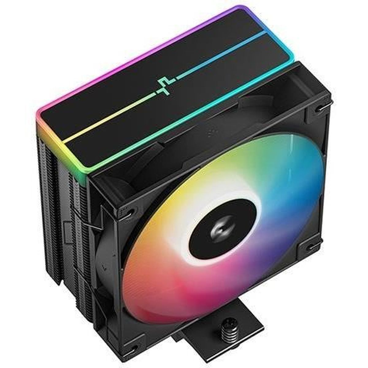 Ein schwarzer CPU-Kühler mit RGB-Lüfter und beleuchteter Oberseite.
