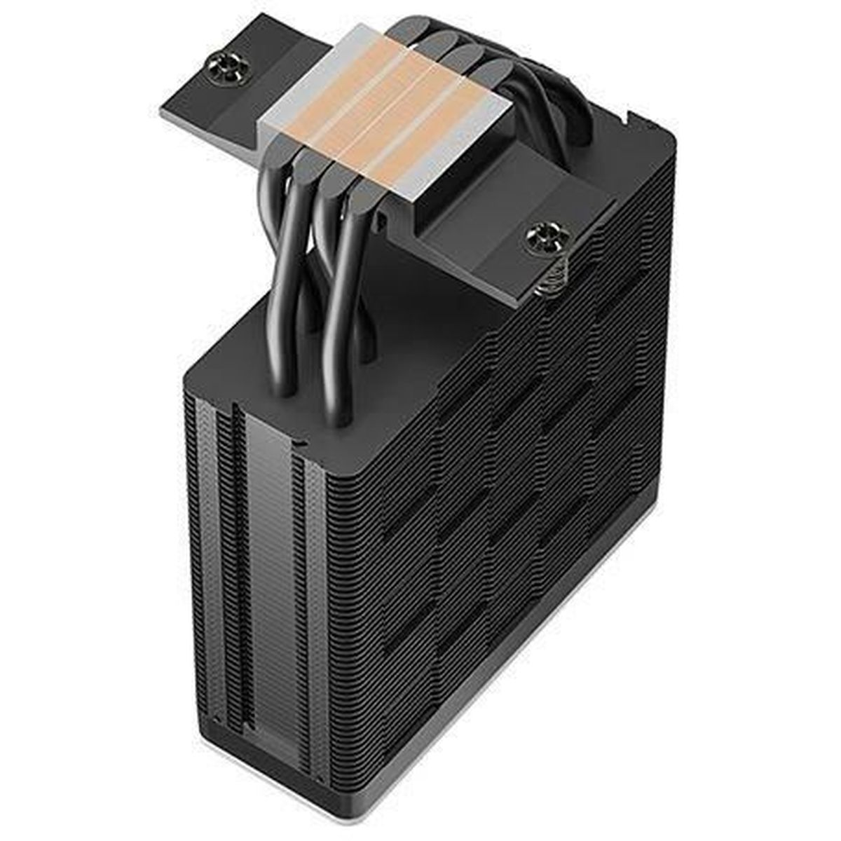 Ein schwarzer CPU-Kühler mit Kupferwärmerohren und Lamellen.