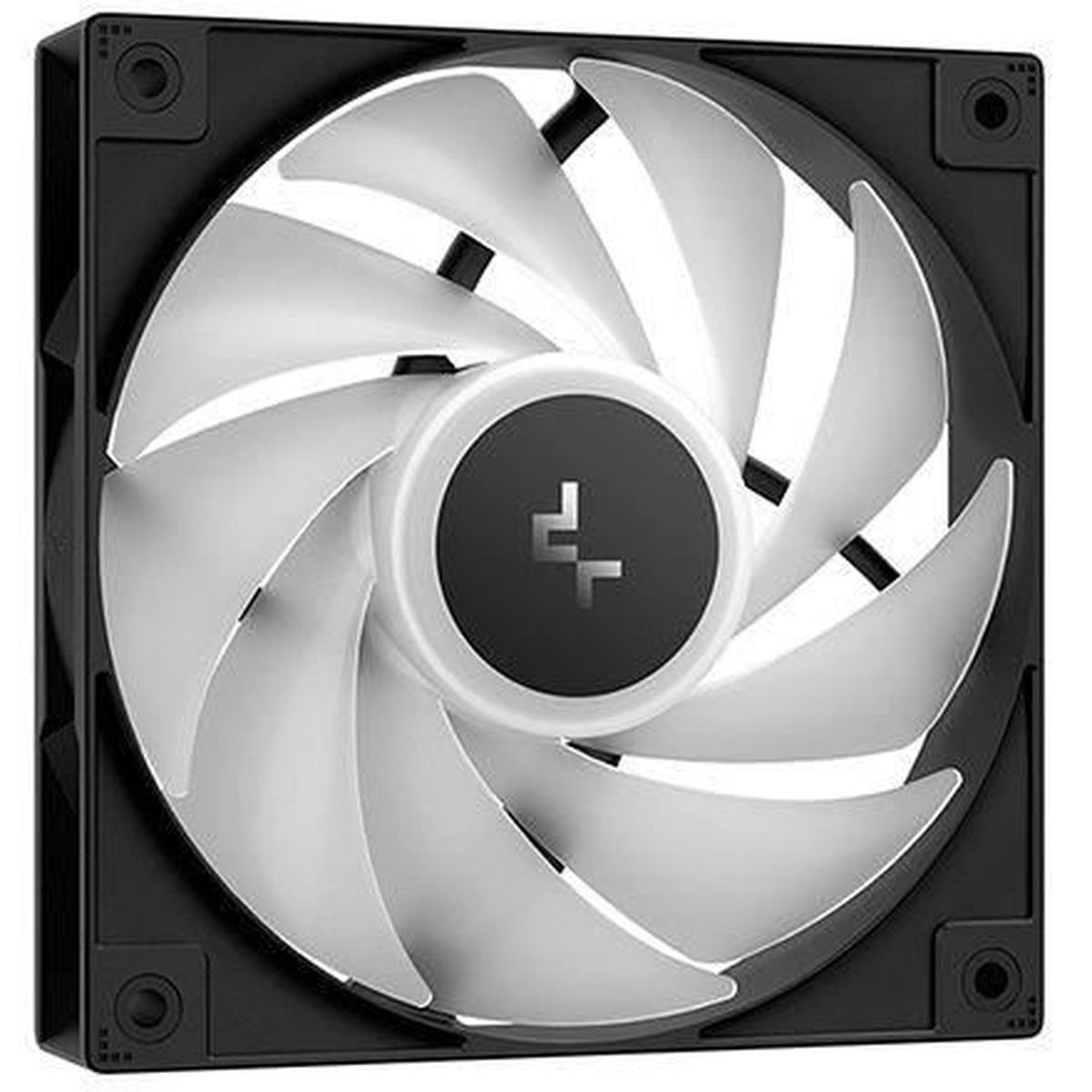 Ein schwarzer PC-Lüfter mit weißen Rotorblättern und einem schwarzen Logo.