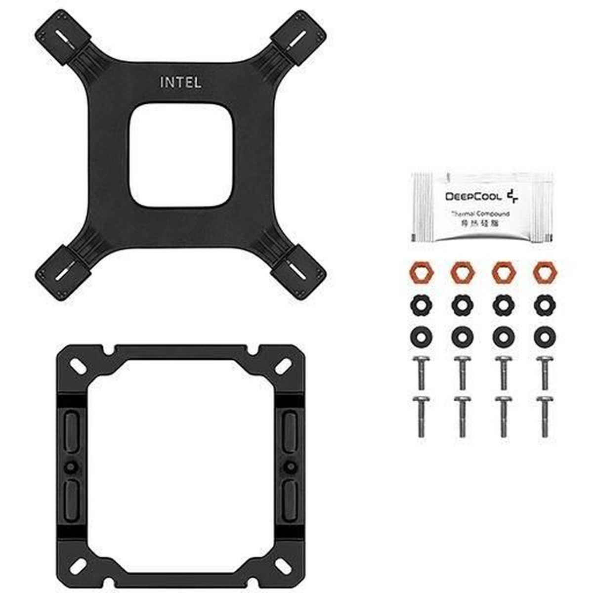 Schwarzer CPU-Kühler-Montagerahmen mit Schrauben und Wärmeleitpaste.