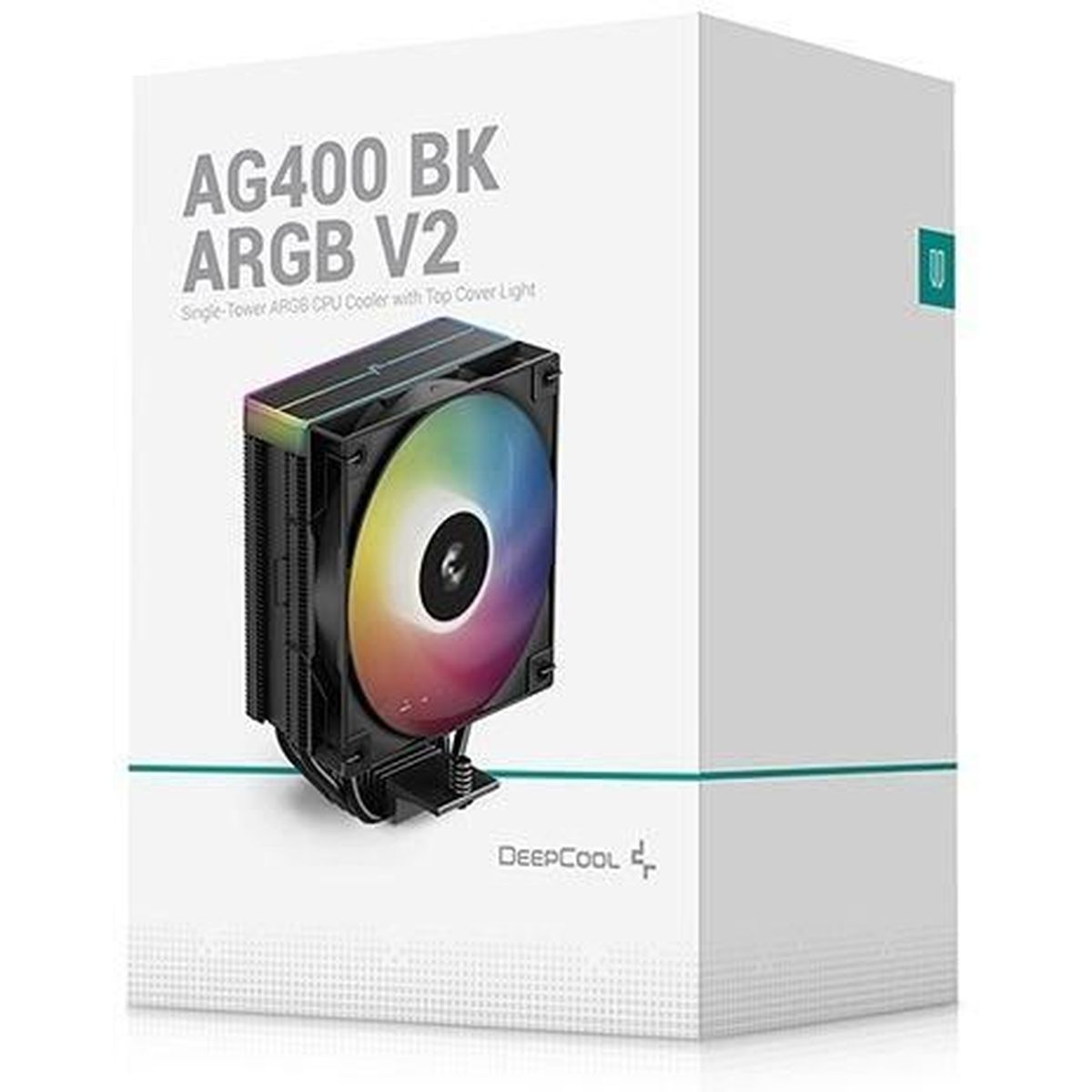 Verpackung eines Deepcool AG400 BK ARGB V2 CPU-Kühlers mit RGB-Lüfter.