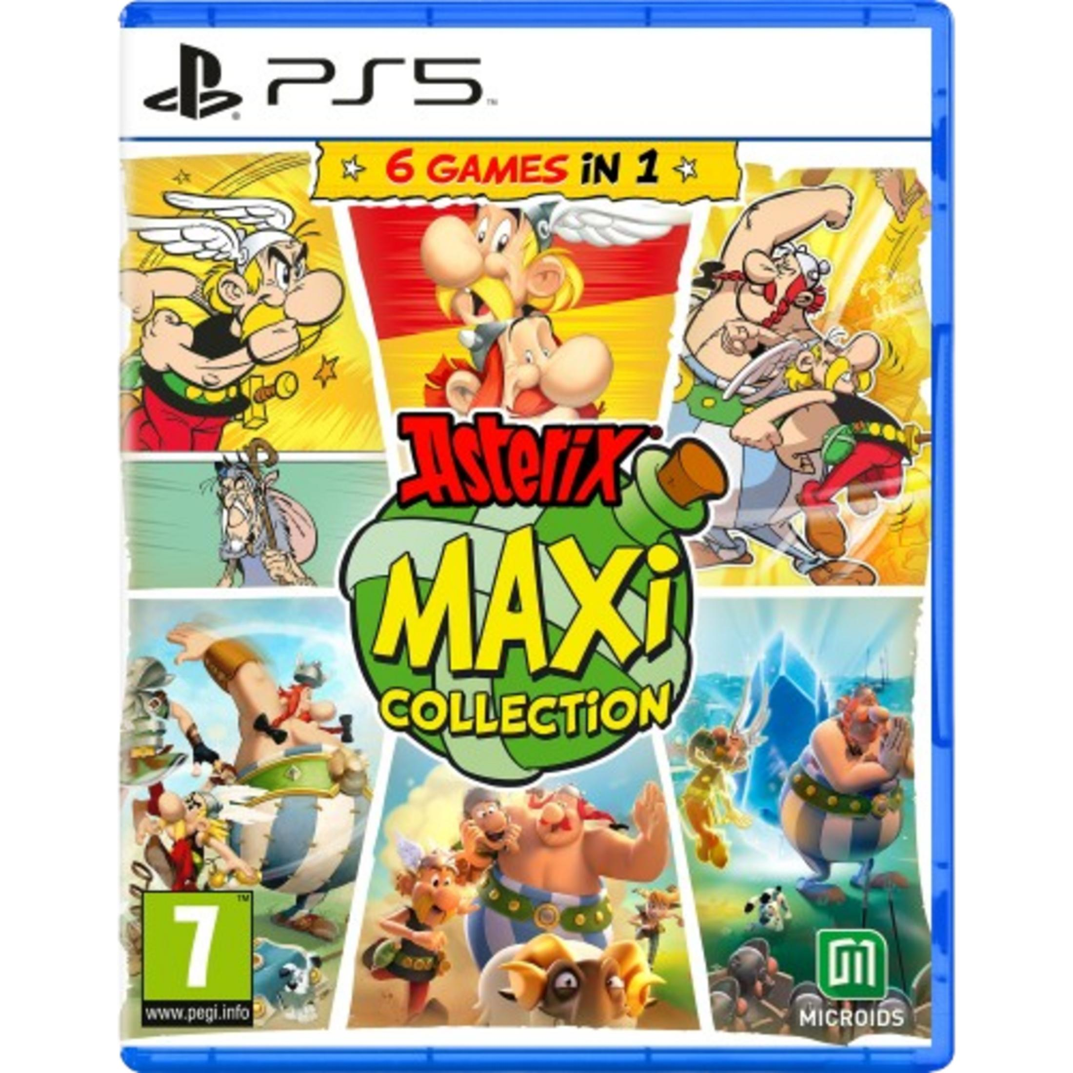 Portada del juego PS5 Asterix Maxi Collection, con personajes y calificación PEGI 7.
