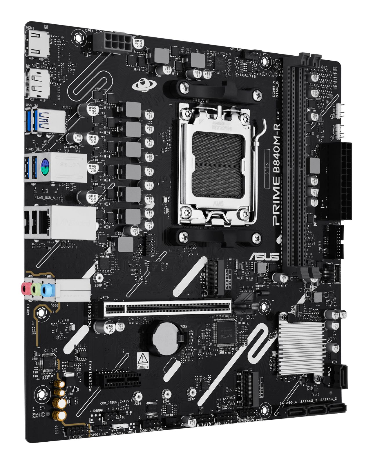 A black ASUS PRIME B840M-R motherboard with CPU socket and ports.