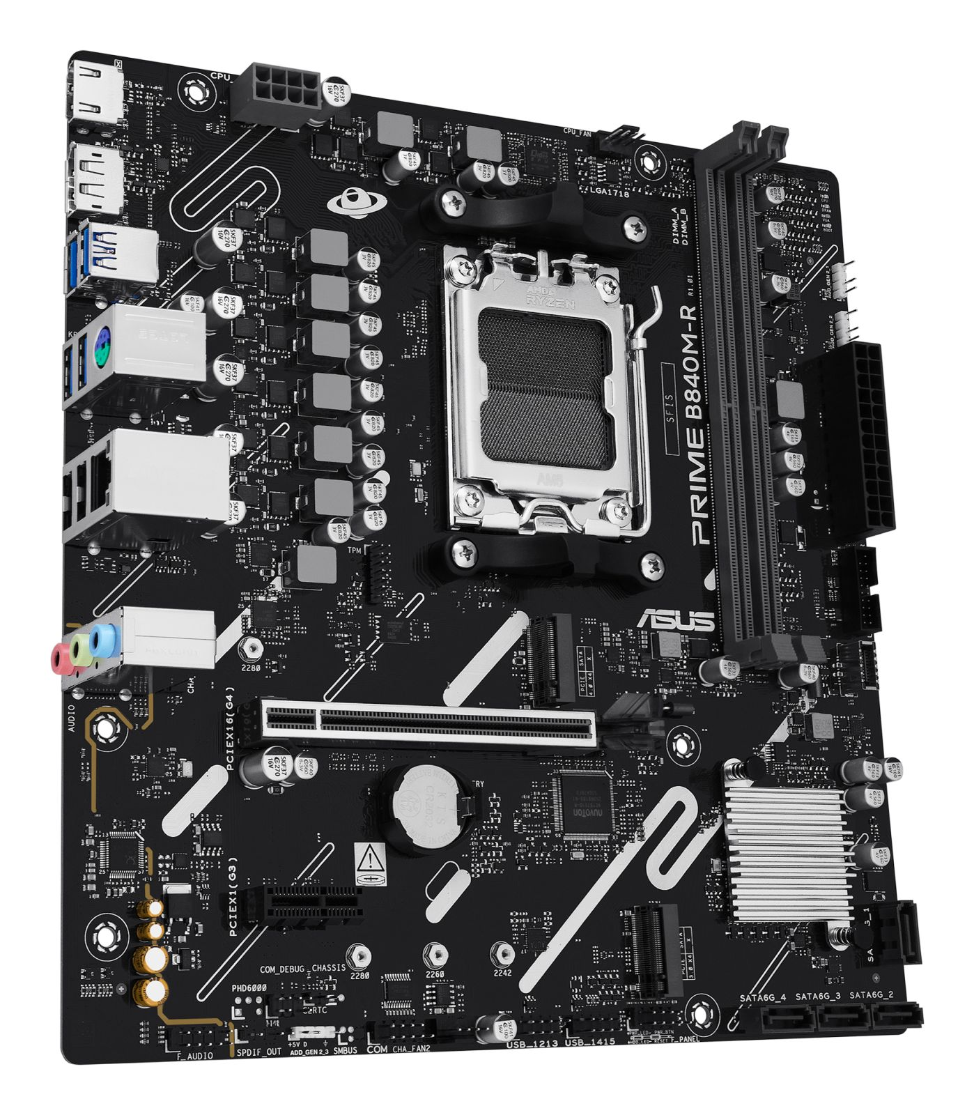 Black motherboard with CPU socket, RAM slots, and connectors.