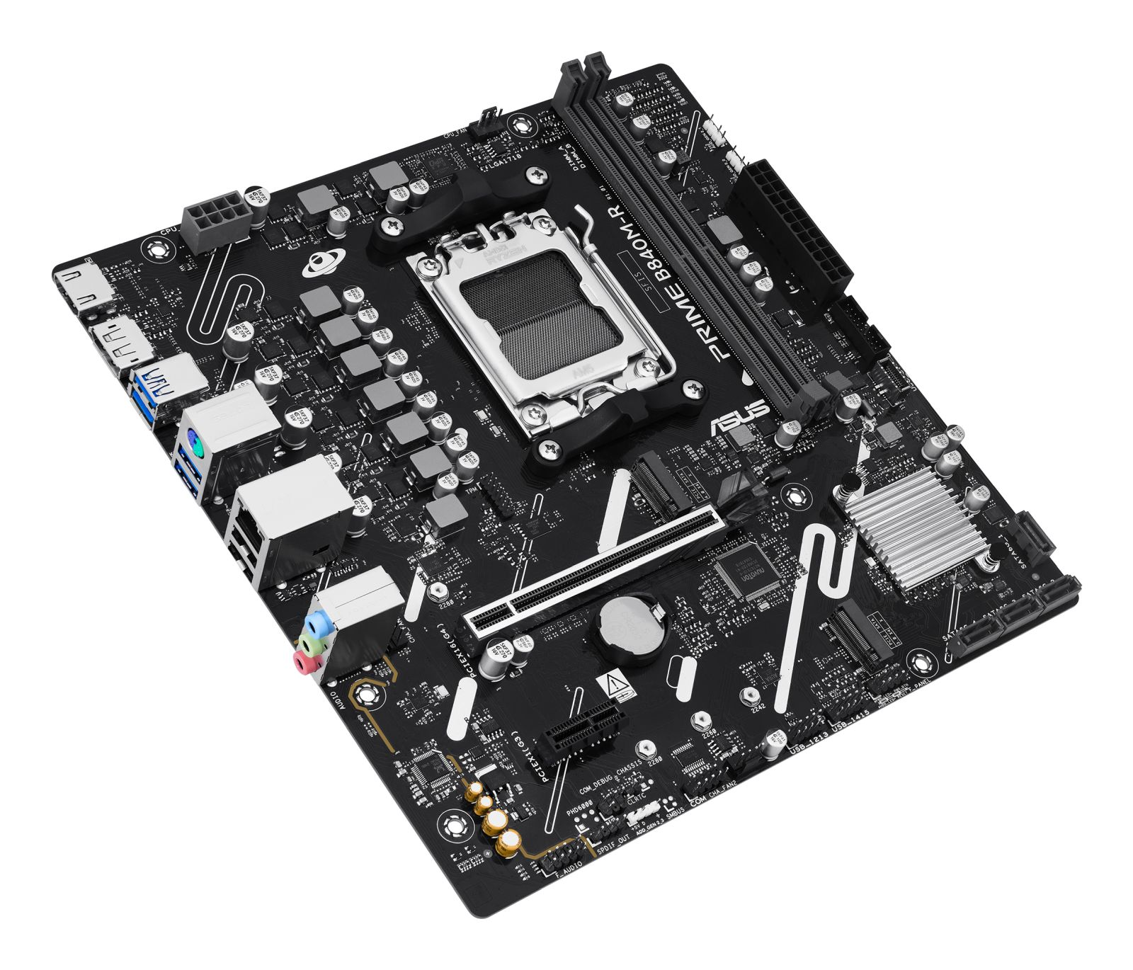 Black motherboard with CPU socket, RAM slots, and connectors.