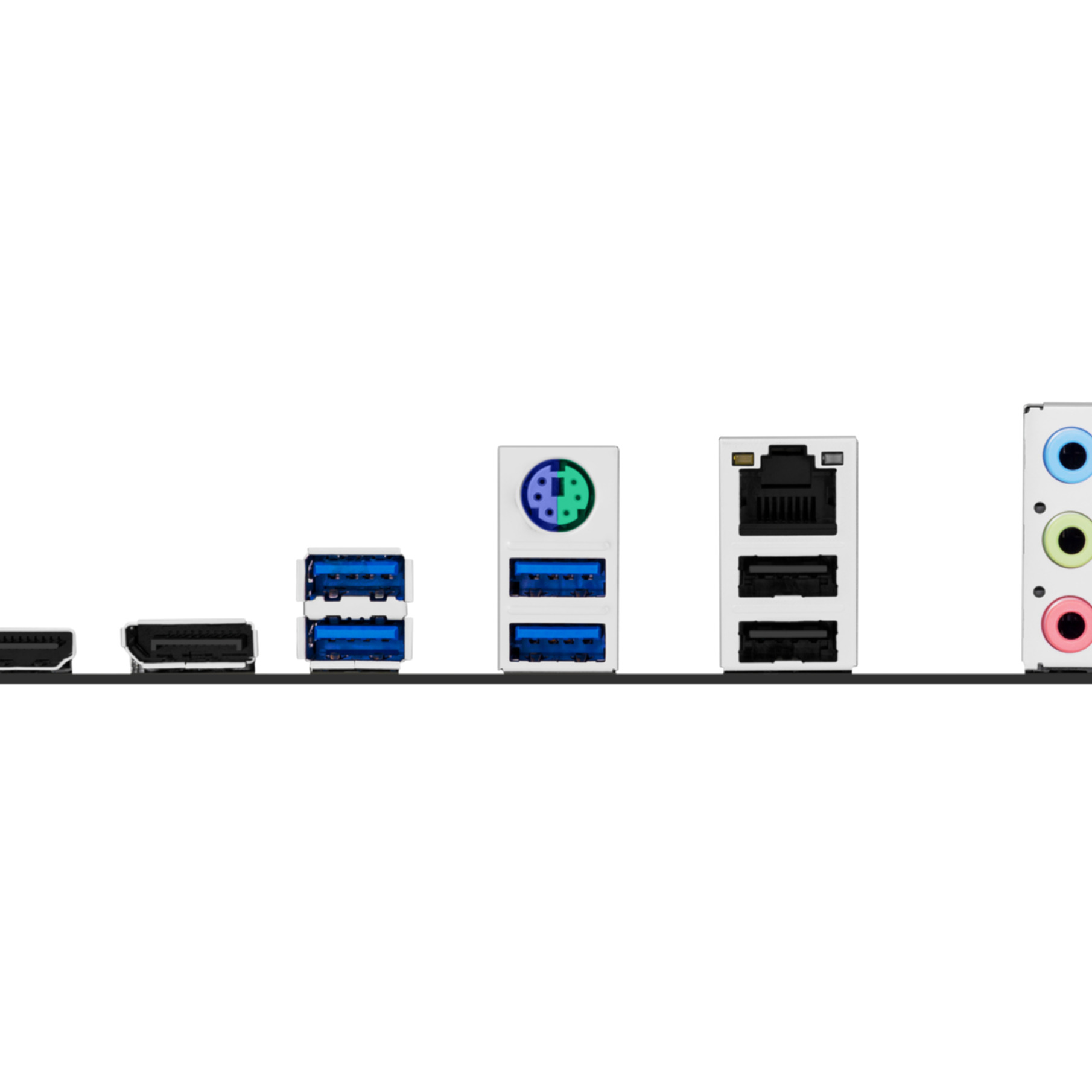 Motherboard back panel with USB, network, and audio ports.