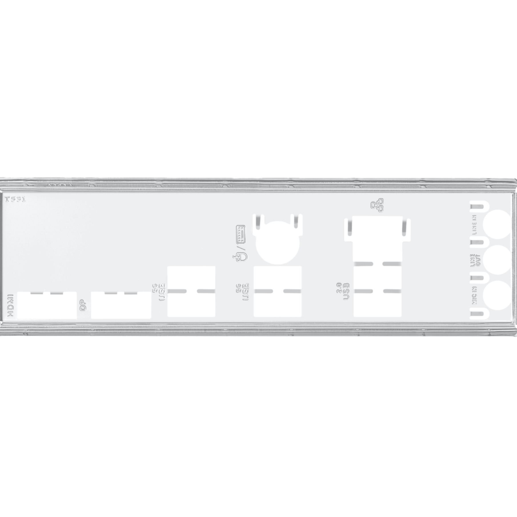 Motherboard back panel with HDMI, DP, USB ports, and audio jacks.