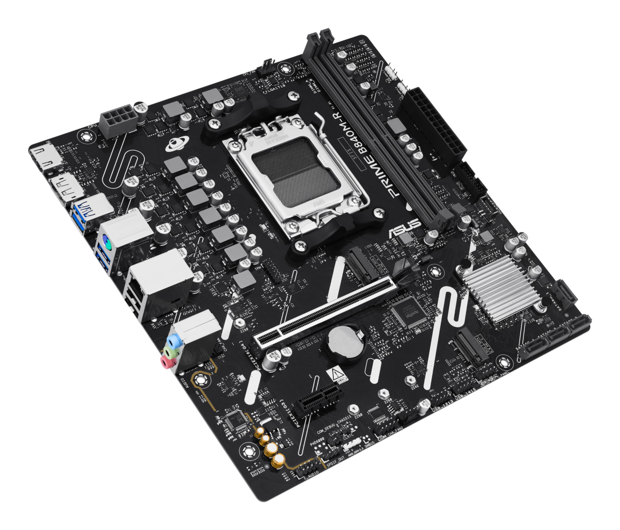 Black motherboard with CPU socket, RAM slots, and connectors.