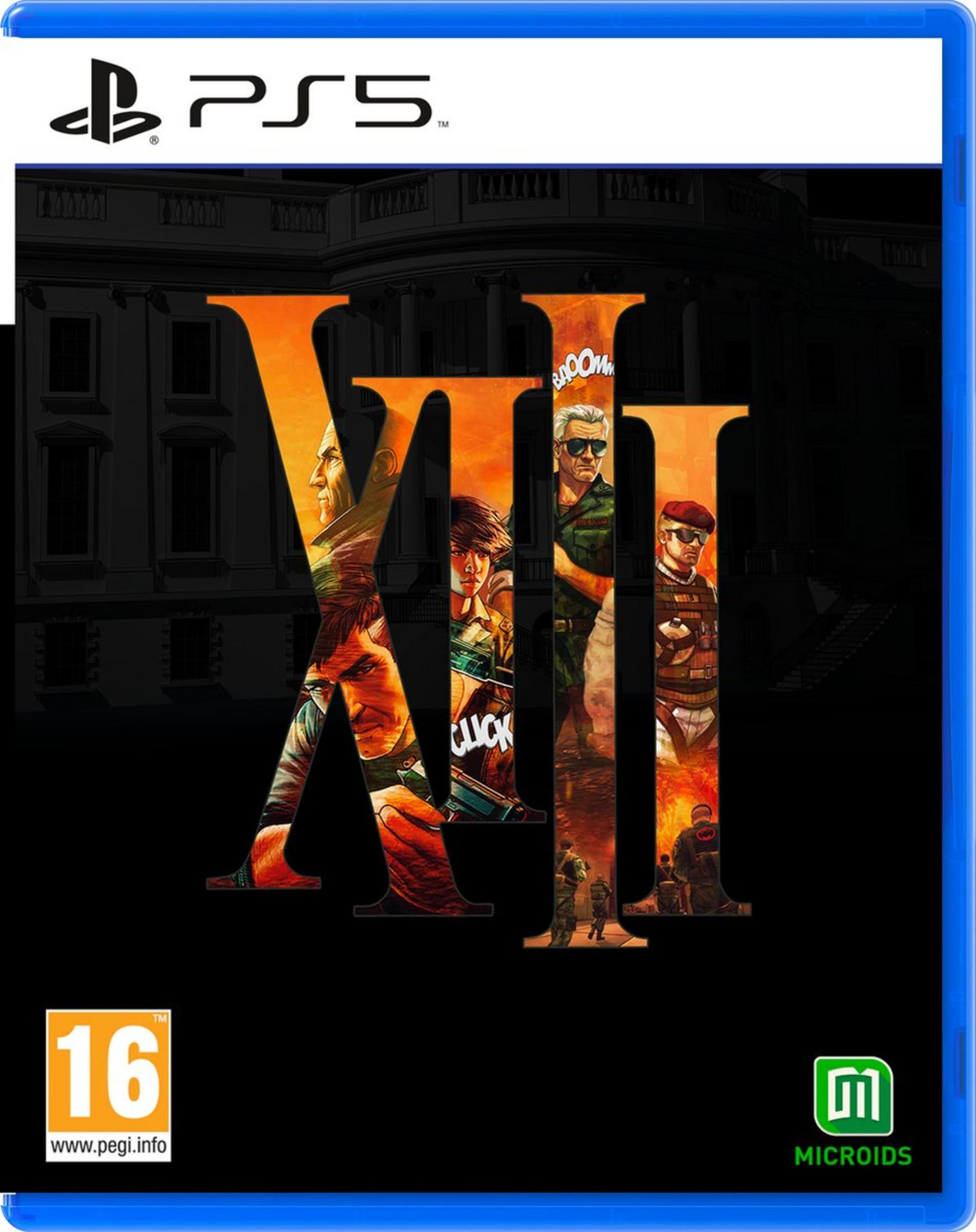 Okładka gry PS5 z logo "XIII", postaciami i Białym Domem.
