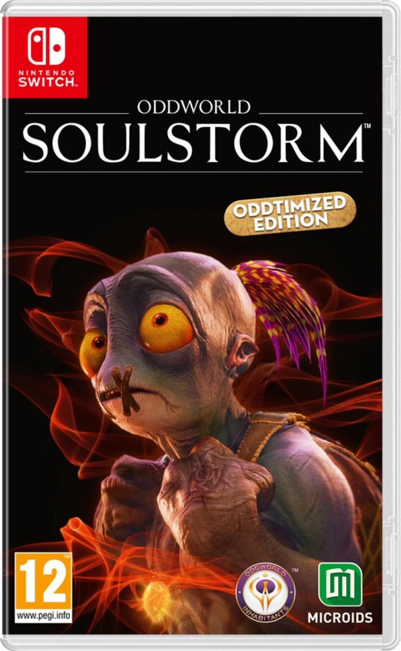 Okładka gry Oddworld: Soulstorm na Nintendo Switch. Przedstawia Abe z dużymi żółtymi oczami.