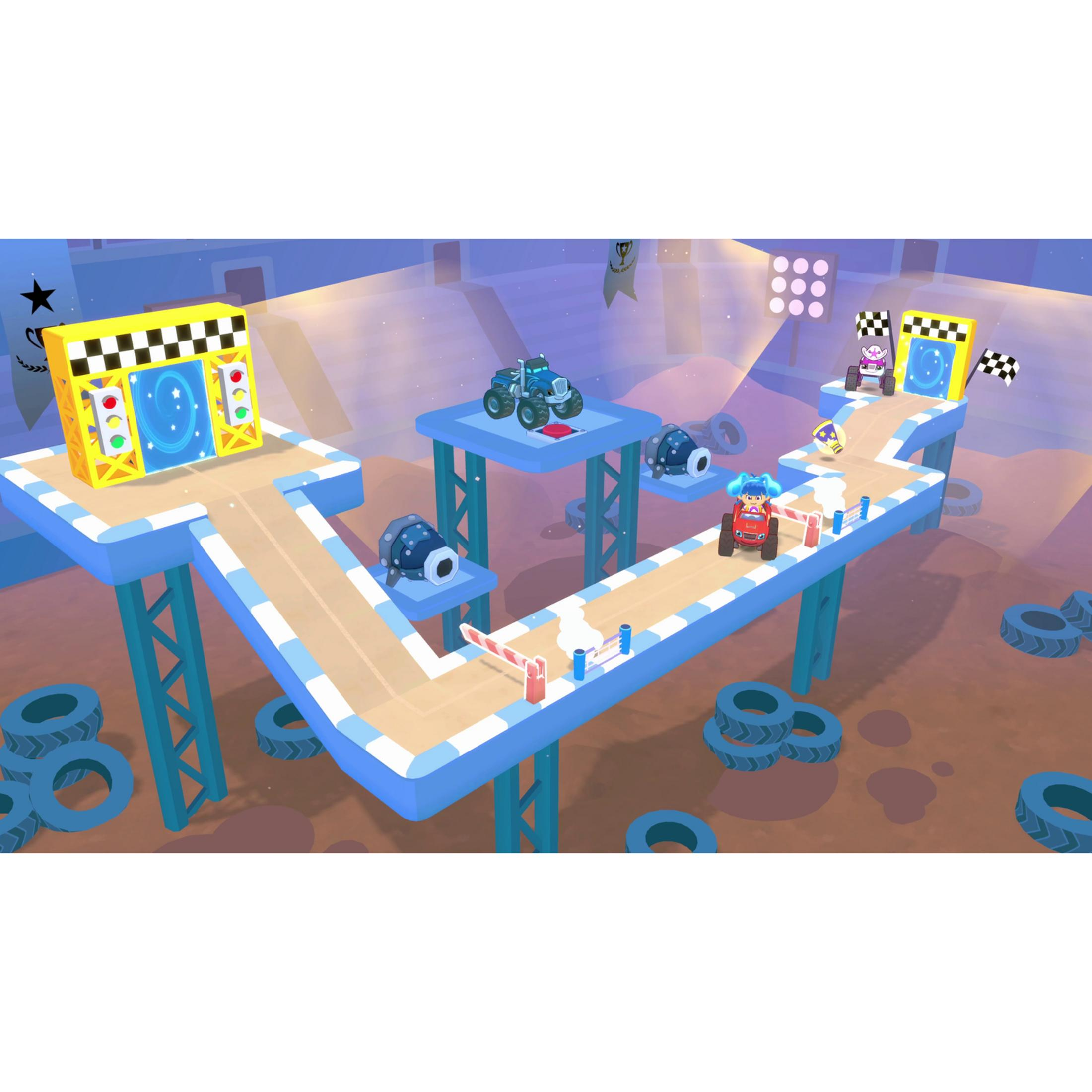 A colorful race with toy cars on an elevated track with obstacles and checkered flags.