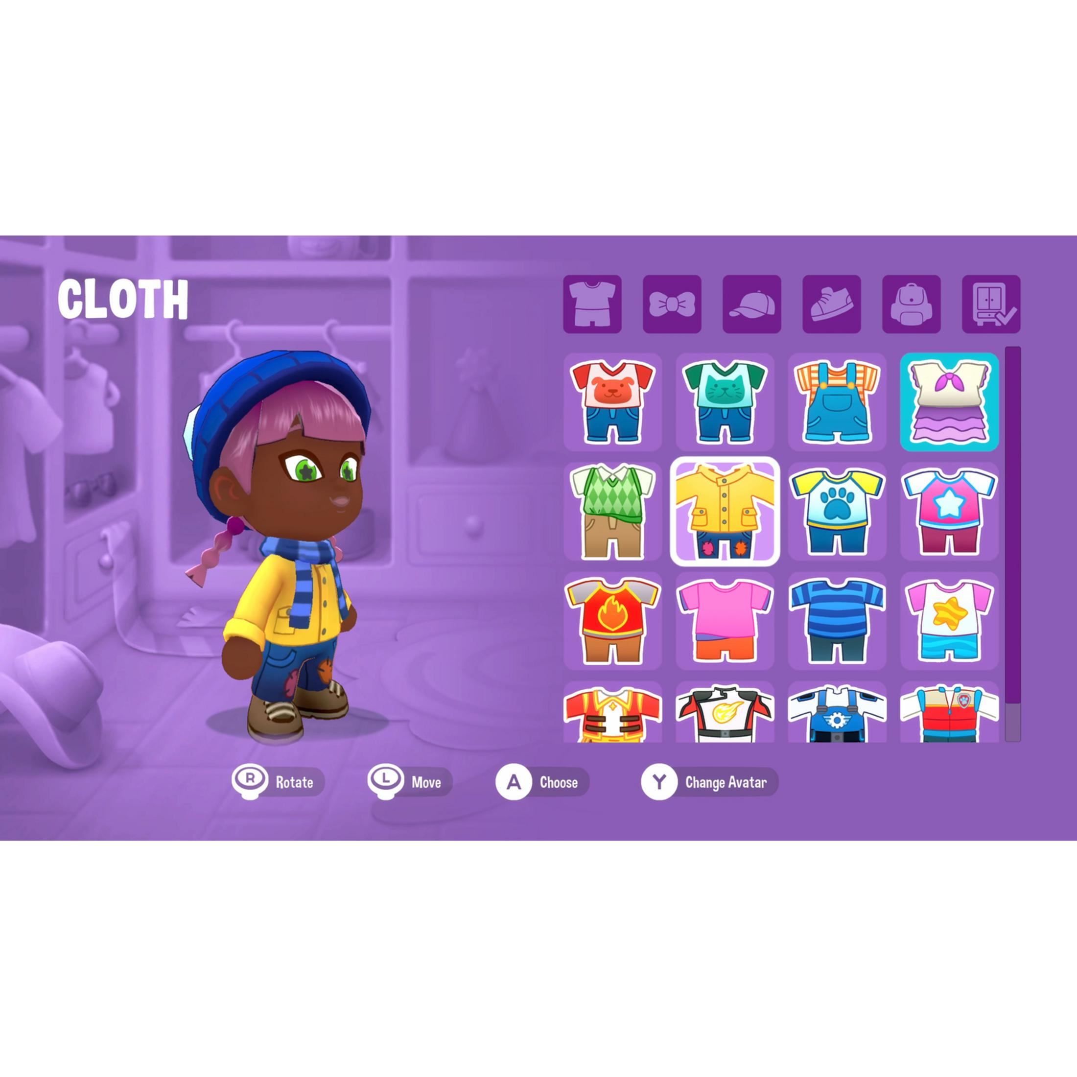 A cartoon girl in a closet with many clothing items.