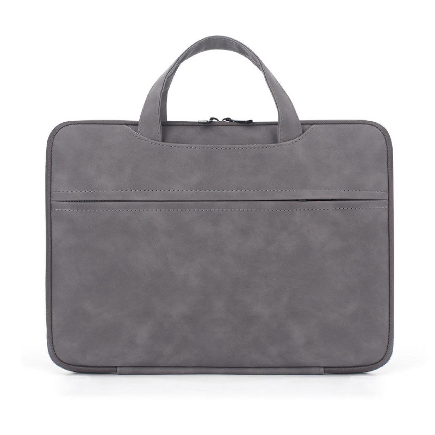 Graue Laptoptasche mit zwei Reißverschlusstaschen und Henkeln.