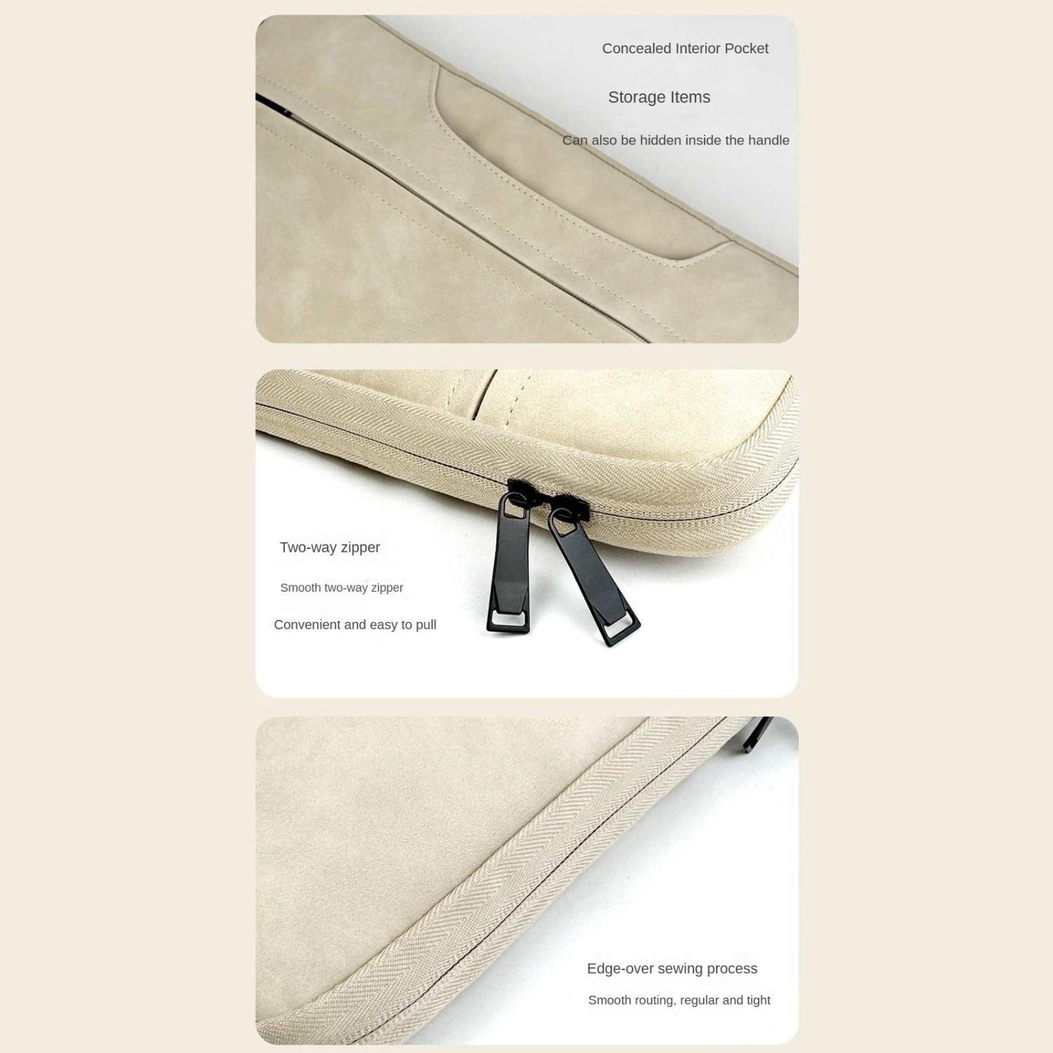 Beigefarbene Tasche mit Reißverschluss und versteckter Tasche.