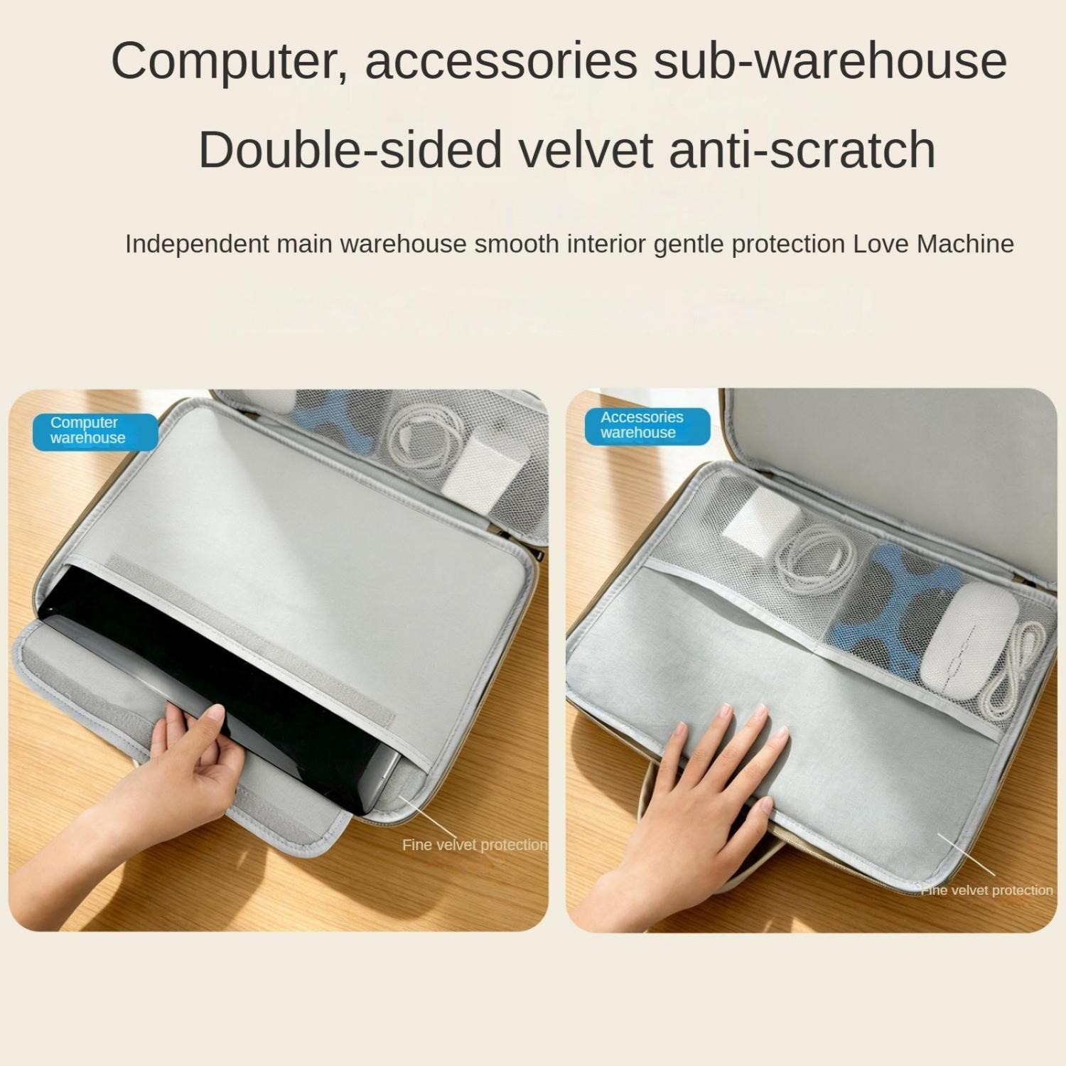 Zwei Fächer einer Tasche: eines für Computer, eines für Zubehör.