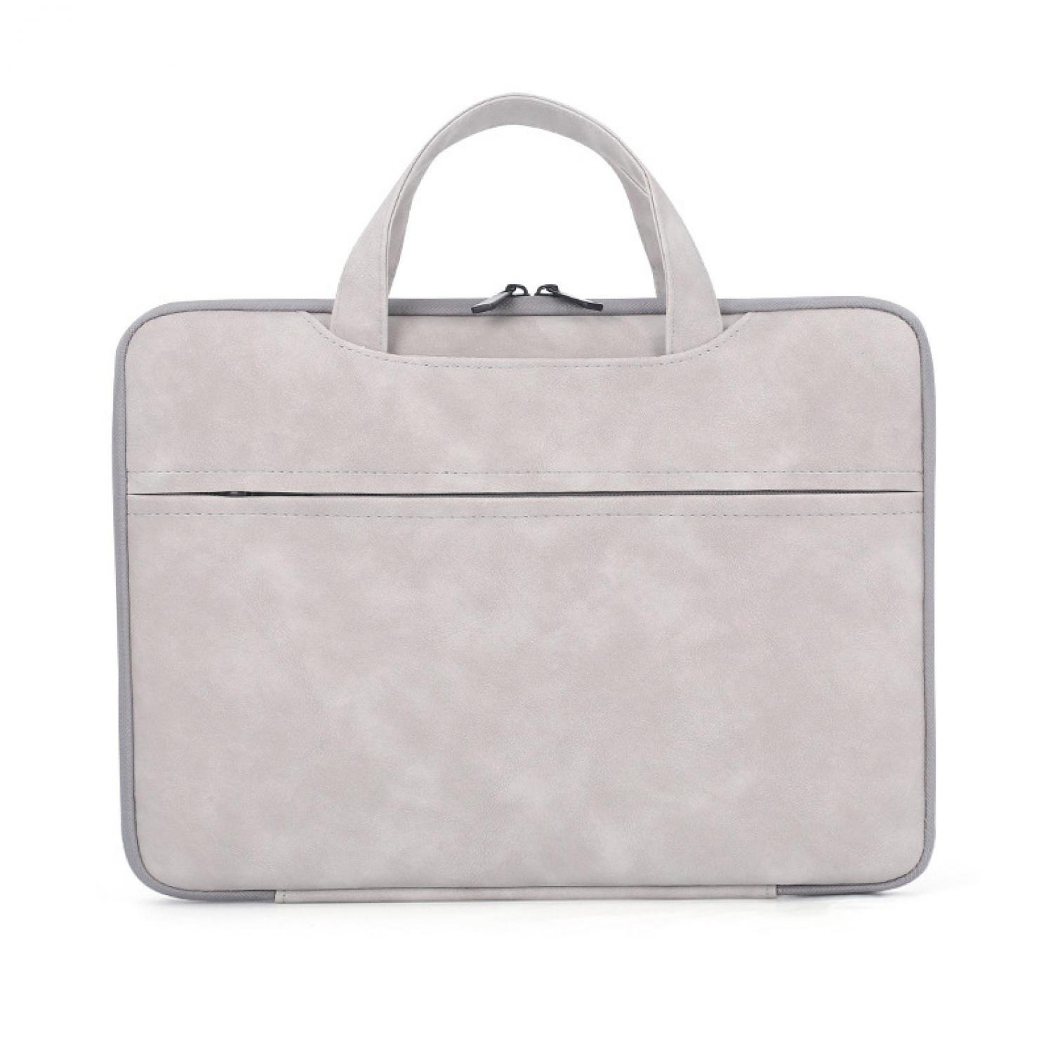 Graue Laptoptasche mit Griffen und Reißverschlussfront.