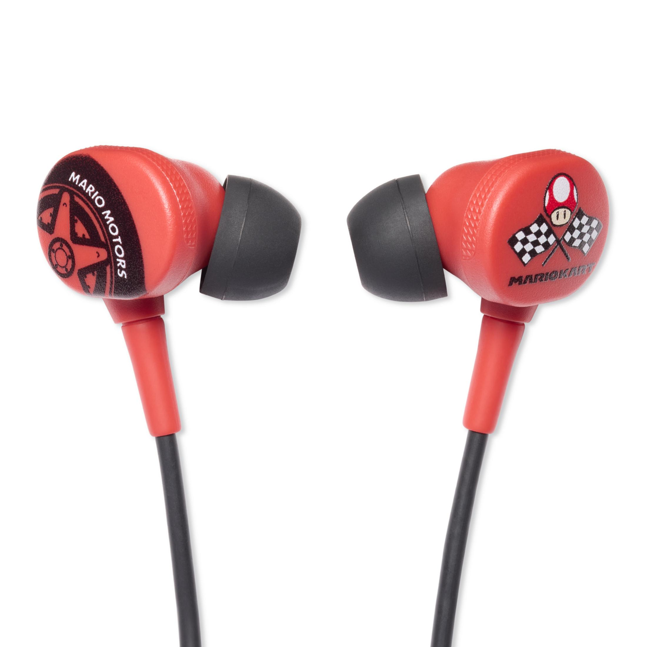 Rote Mario Kart Kopfhörer mit schwarzen Ohrmuscheln und Schnüren.