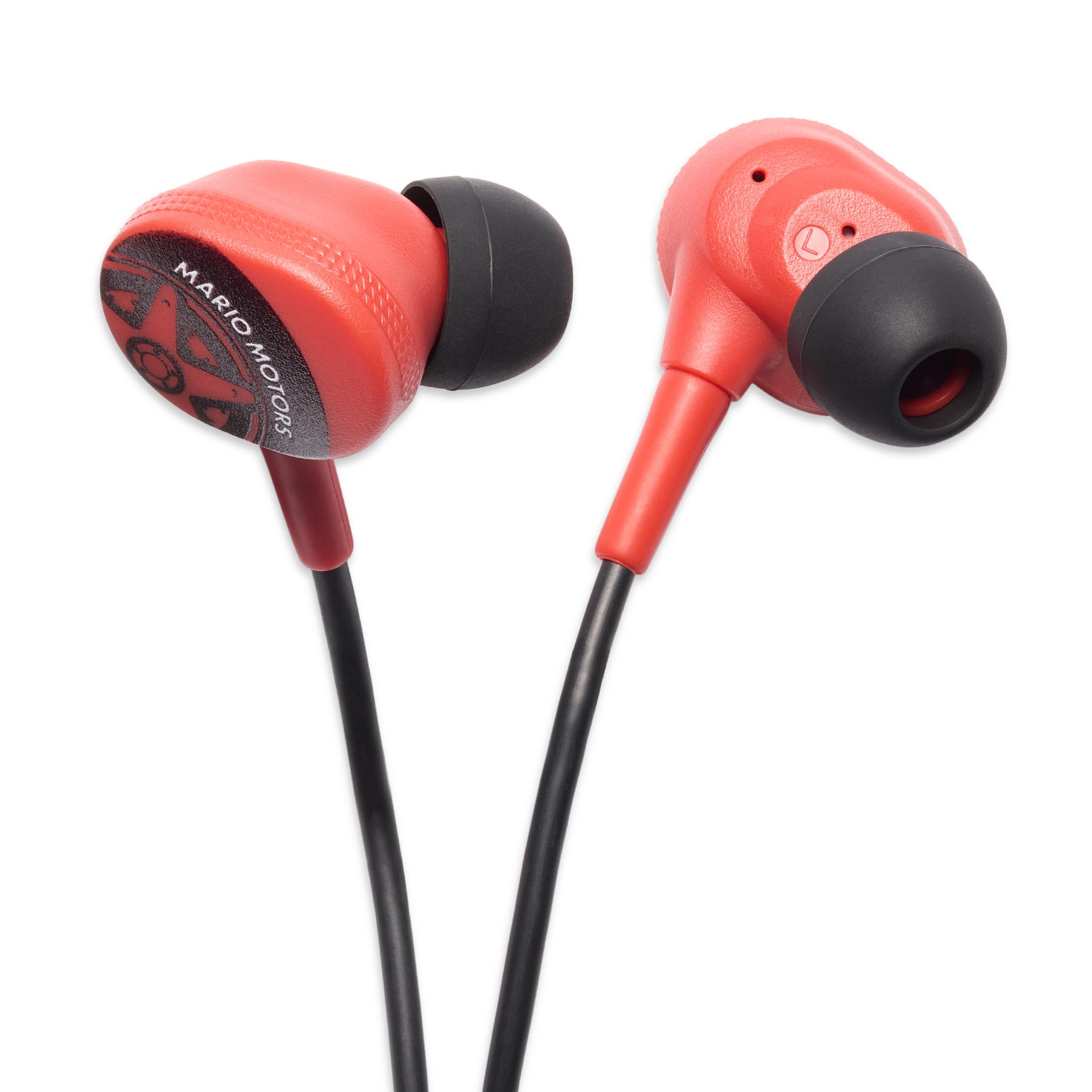 Zwei rote In-Ear-Kopfhörer mit schwarzen Kabeln und Ohreinsätzen.