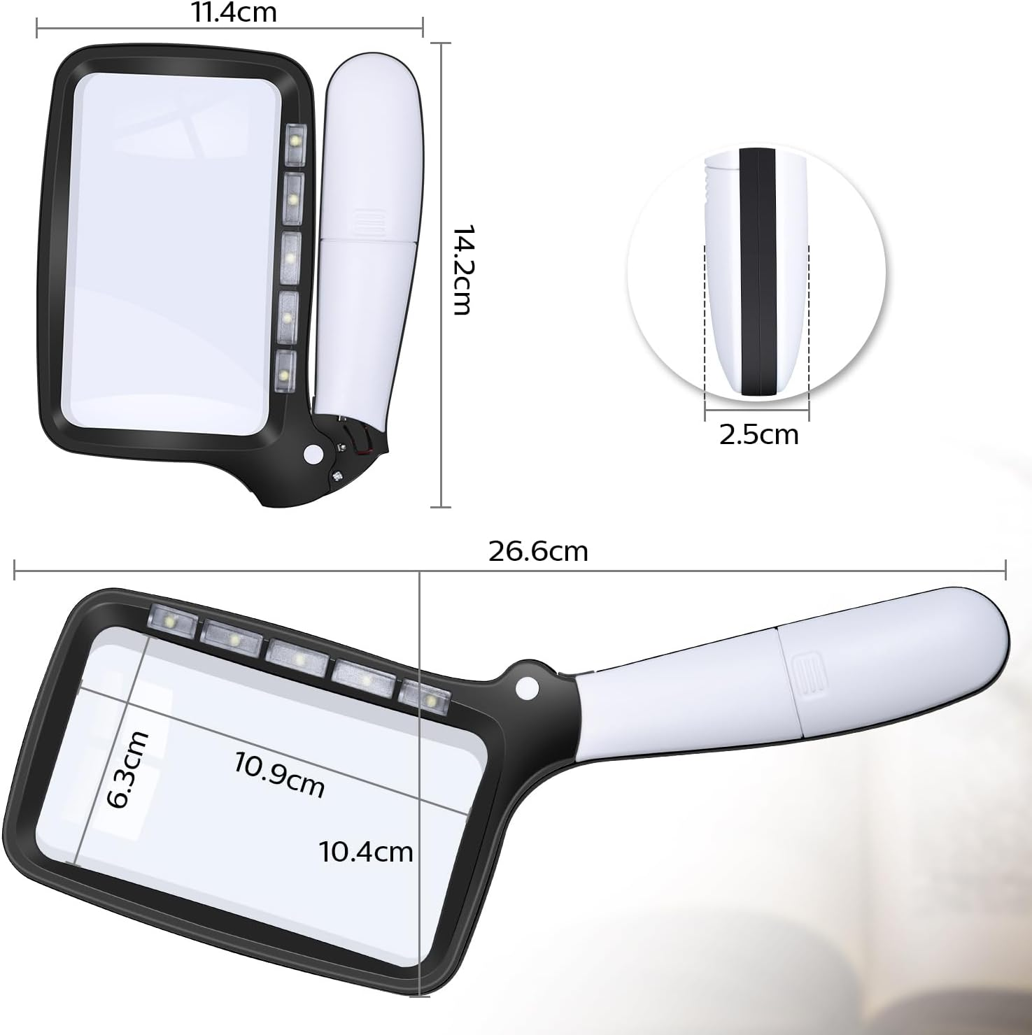 Vergrößerungsglas mit 7 LEDs, weißer Griff, Maße angegeben.
