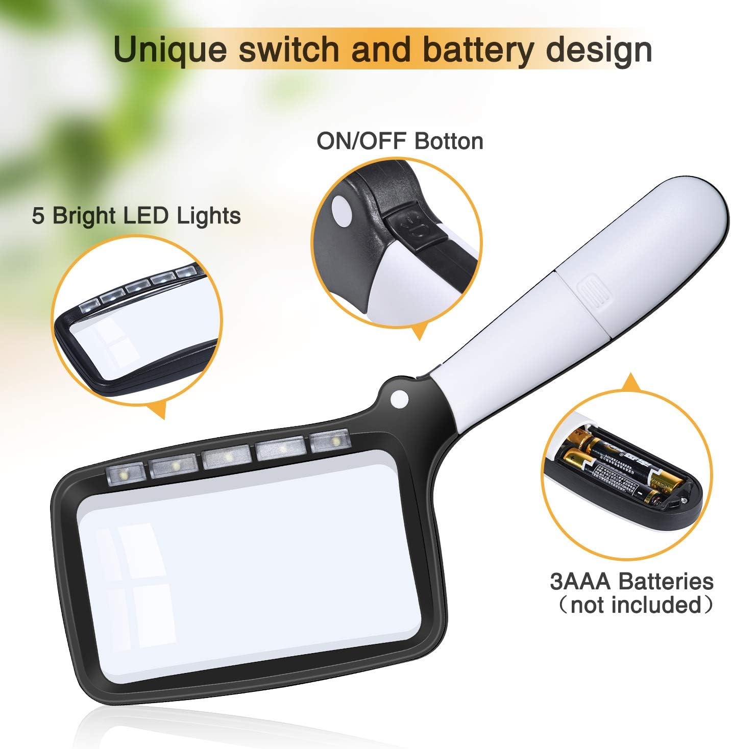 Vergrößerungsglas mit 5 LEDs und Batteriefach für 3 AAA-Batterien.
