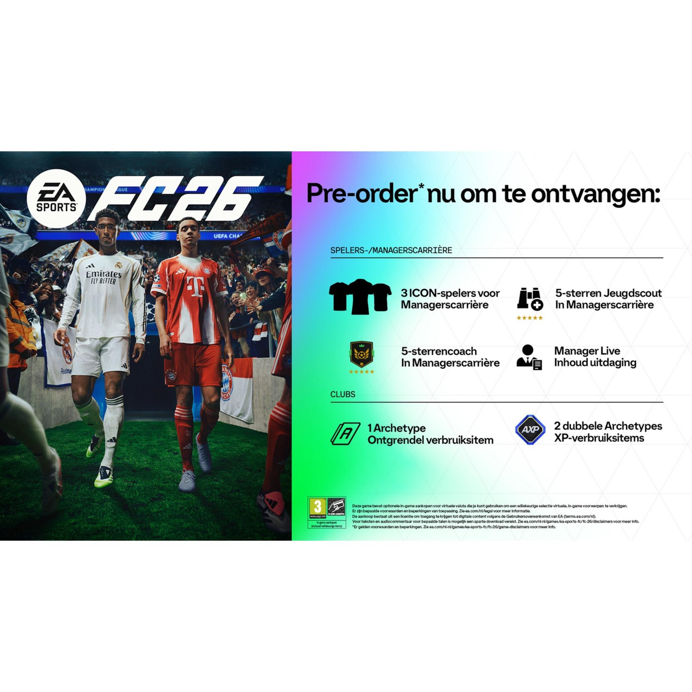 EA Sports FC 26: Dwóch piłkarzy w strojach, po prawej szczegóły bonusów do gry.